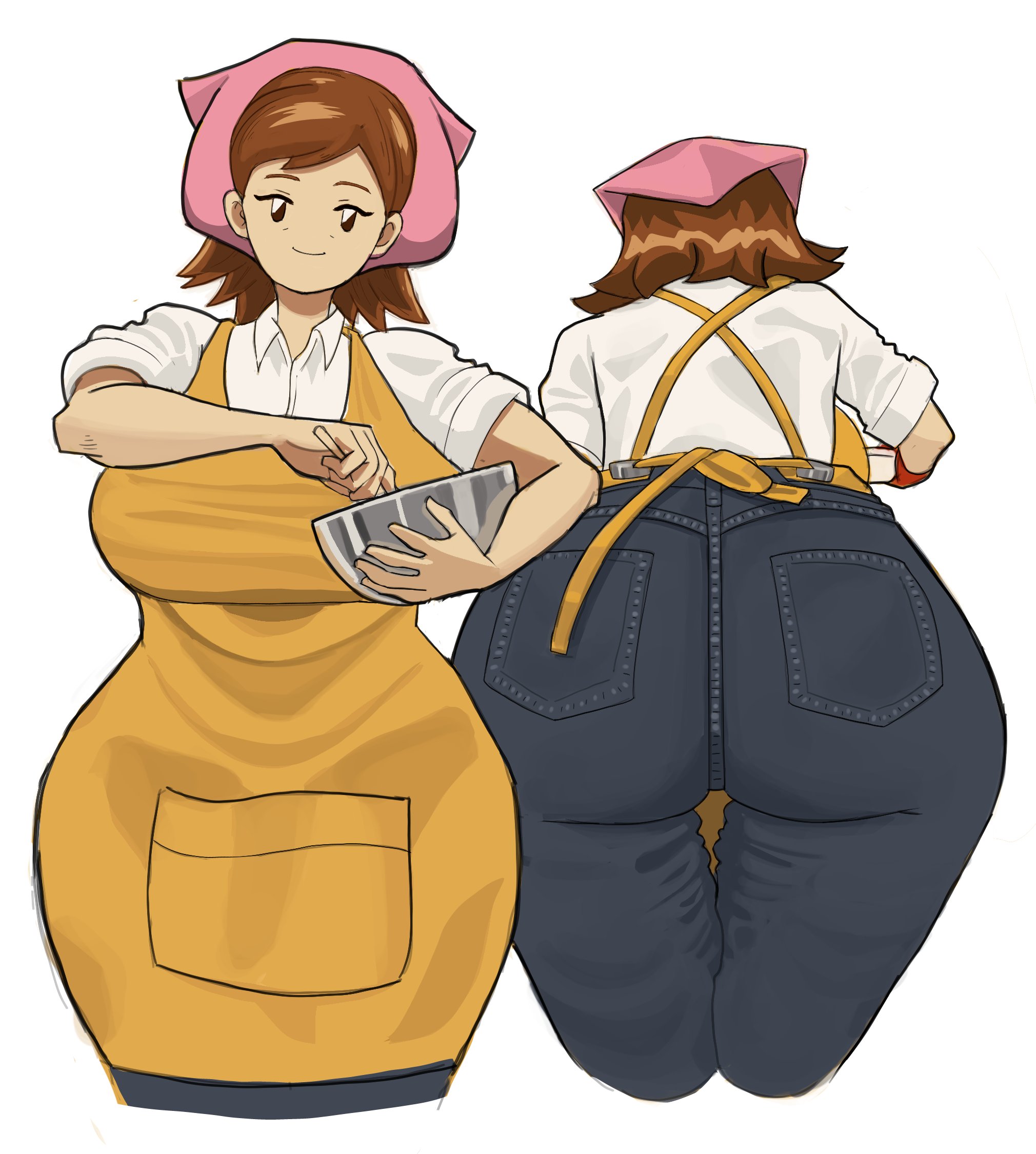 1female, 1females, 1girl, 1girls, apron, ass, back pockets, big ass, big breasts, breasts, brown hair, clothing, cooking mama, denim, denim jeans, fat ass, female, female only, front view, gloves, gluteal fold, huge ass, huge butt, jeans, large ass, mama (cooking mama), metalsplinter, milf, mixing bowl, mother, mother (lore), pants, rear view, shirt, solo, thick ass, thick thighs, white background, wide hips