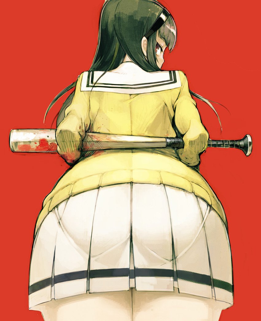1girls, 2d, 2d (artwork), anime, anime style, ass, ass focus, bat, bat (object), blood on face, blood stain, female, kimi to kanojo to kanojo no koi., looking at viewer, looking back, nitroplus, school uniform, schoolgirl, skirt, sone miyuki, yandere, you and me and her
