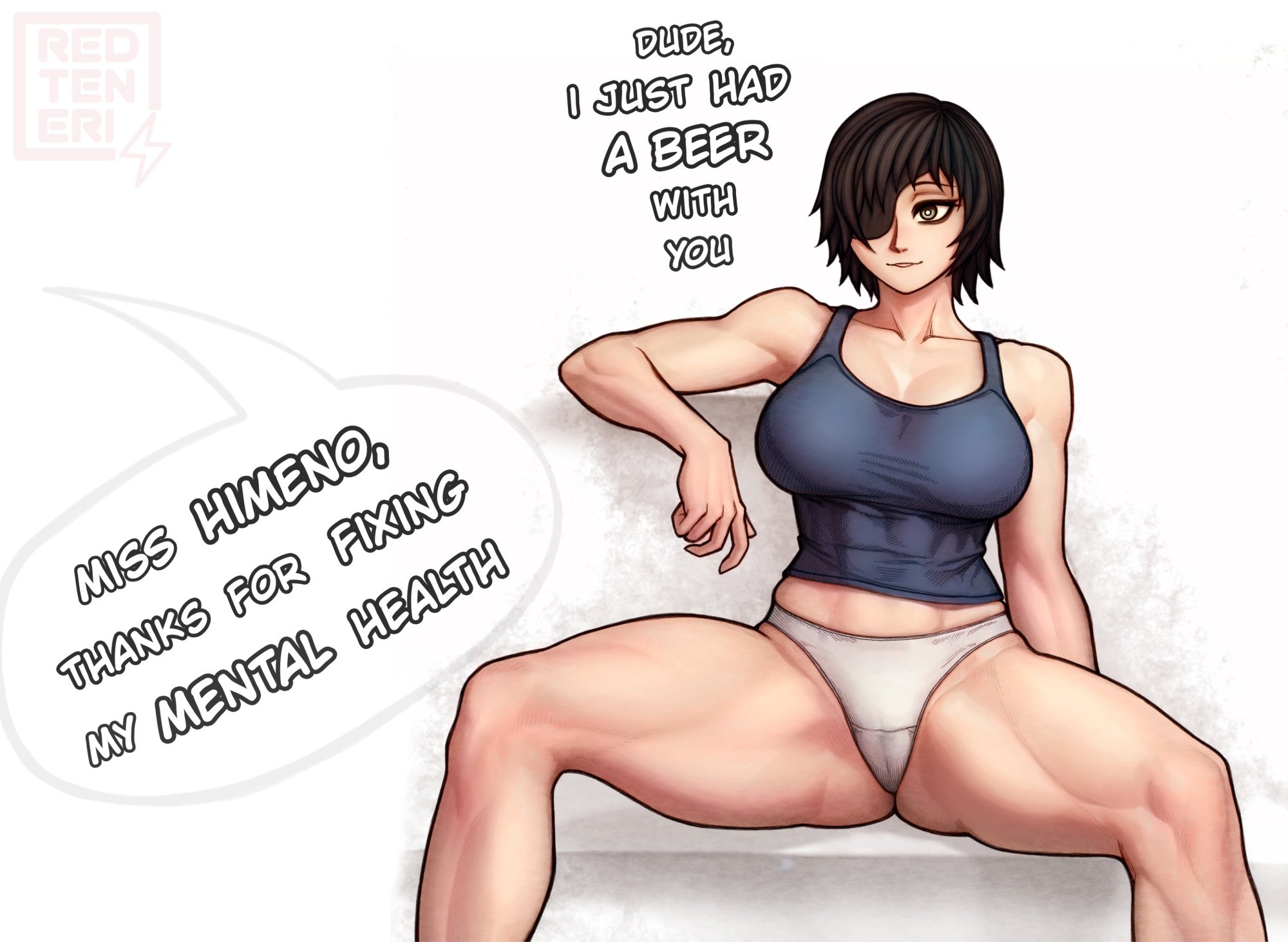 1girls, abs, black hair, black-haired female, chainsaw man, english, english text, eyepatch, female, himeno (chainsaw man), muscular, muscular female, panties, redteneri, sitting, solo, toned