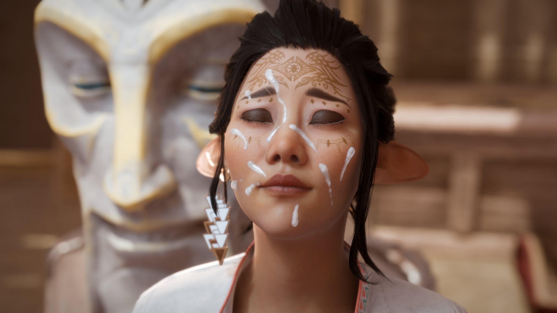 1girls, 2025, 3d, after deepthroat, after oral, bellara lutare, bioware, black hair, bluelight, cum, cum on face, dragon age, dragon age the veilguard, elf, elf ears, elf female, eyeshadow, facial, female, female only, hair bun, light skin, light-skinned female, long ears, mature, mature female, solo, solo female, straight, tied hair, voluptuous