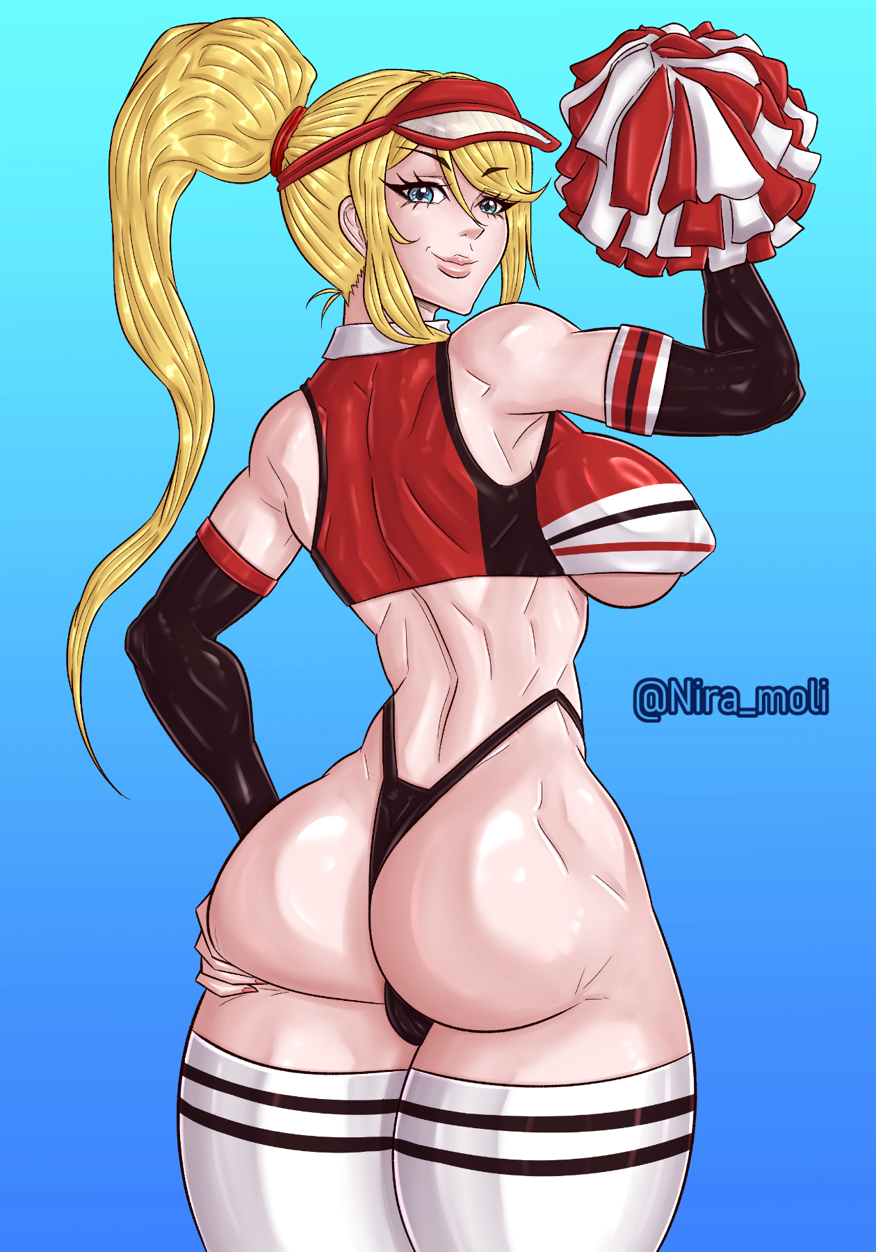 1girls, ass, ass focus, ass up, back, back view, bikini, blonde hair, booty, cheeks, cheerleader, cheerleader outfit, cheerleader uniform, costume, fanart, female, fit, fit female, fitness, legs, metroid, mommy, muscle slut, muscles, muscular female, nintendo, niramoli, pose, samus aran, skirt, smiling, smiling at viewer, socks, solo female, sport, sports uniform, sportswear, stretching, strong female, thong, uniform, waifu, yoga pose