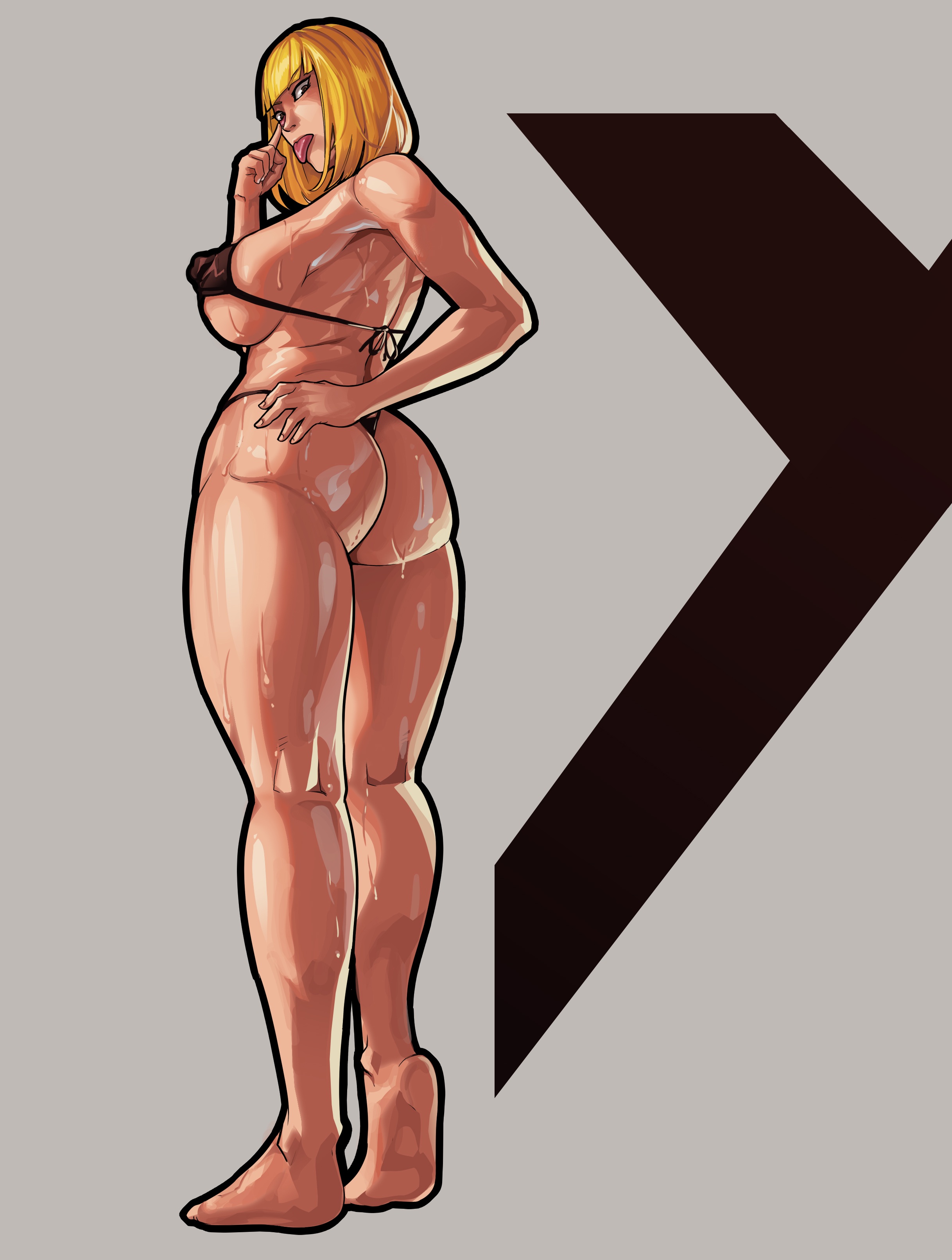 ass, athletic, athletic female, barefoot, big breasts, bikini, blonde hair, breasts, brown eyes, bubble ass, bubble butt, busty, equinox006, erect nipples, female, female focus, female only, full body, g-string, hourglass figure, looking at viewer, looking back, micro bikini, midorikawa hana, nipple bulge, nipples, pinup, pinup pose, prison school, rear view, sideboob, standing, sweat, tongue, tongue out, wide hips