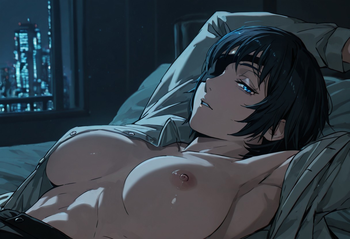 ai generated, areola, areolae, armpits, arms above head, arms behind head, arms up, big breasts, black hair, black-haired female, blue eyes, breasts, breasts out, chainsaw man, city background, eyepatch, female, female focus, female only, himeno (chainsaw man), japanese female, large breasts, laying down, laying on back, laying on bed, light skin, light-skinned female, looking at viewer, nipples, nordinex5, open clothes, open clothing, open shirt, pale skin, pale-skinned female, seductive, seductive eyes, seductive gaze, seductive look, seductive pose, sexy, short hair, solo, solo female, solo focus, stable diffusion, tits out, toned female, unbuttoned, unbuttoned shirt, undressing