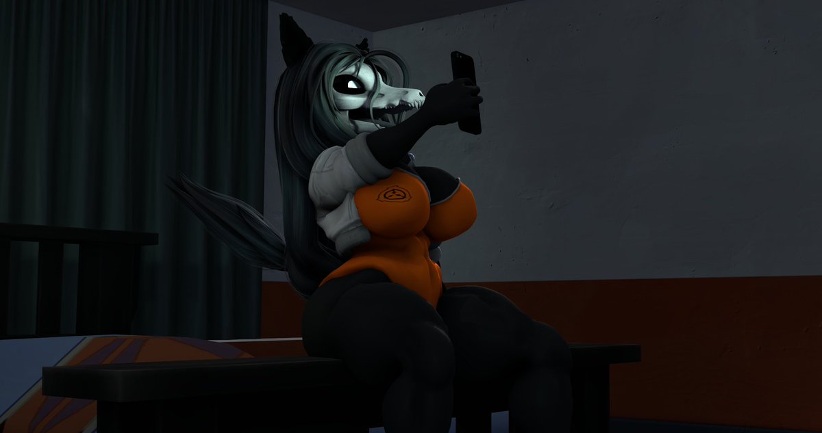 1girls 3d 3d_(artwork) animal_ears animal_nose black_fur black_hair black_sclera black_skin body_fur borrowed_character breasts cellphone cleavage colored_sclera colored_skin covered_navel curtains dark female furry furry_female glowing glowing_eyes holding holding_phone huge_breasts indoors large_breasts leotard long_hair mal0 notsoanonsfm open_clothes orange_leotard outstretched_arm personification phone scp-1471 scp-1471-a scp_foundation shirt sitting sleeves_rolled_up smartphone snout solo table tail teeth thick_thighs thighs white_eyes white_fur white_jacket wide_hips