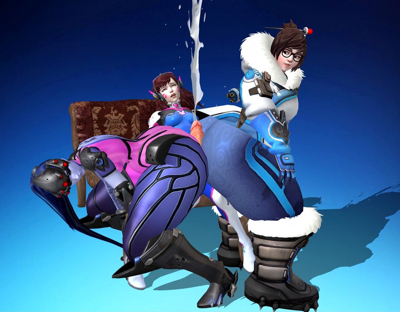 3d, 3girls, ass, assjob, blizzard entertainment, blue hair, brown hair, buttjob, central-tides, chubby, cum, cum explosion, cumshot, curvy, d.va, double buttjob, eyewear, female, futa on female, futanari, glasses, huge ass, intersex, mei (overwatch), orgasm, overwatch, thick thighs, widowmaker, xnalara, xps