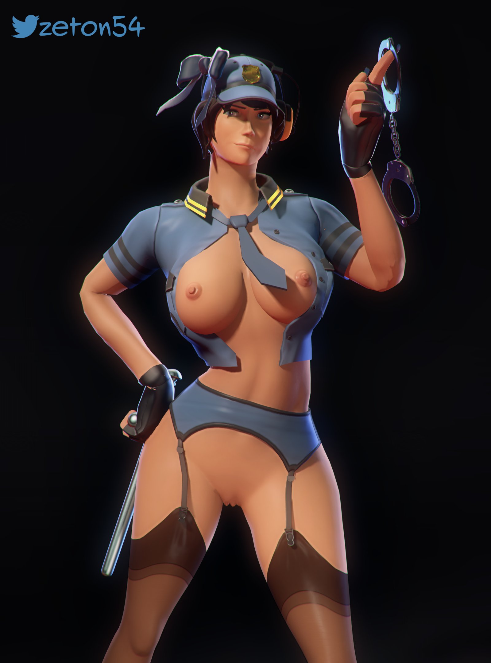 1girls, 3d, 3d (artwork), big breasts, boob window, boobs, breasts, breasts out, female, femscout, naked, naked female, police, police uniform, policewoman, pussy, sfm, solo, stocking, stockings, team fortress 2, vagina, vagina peek, zeton54