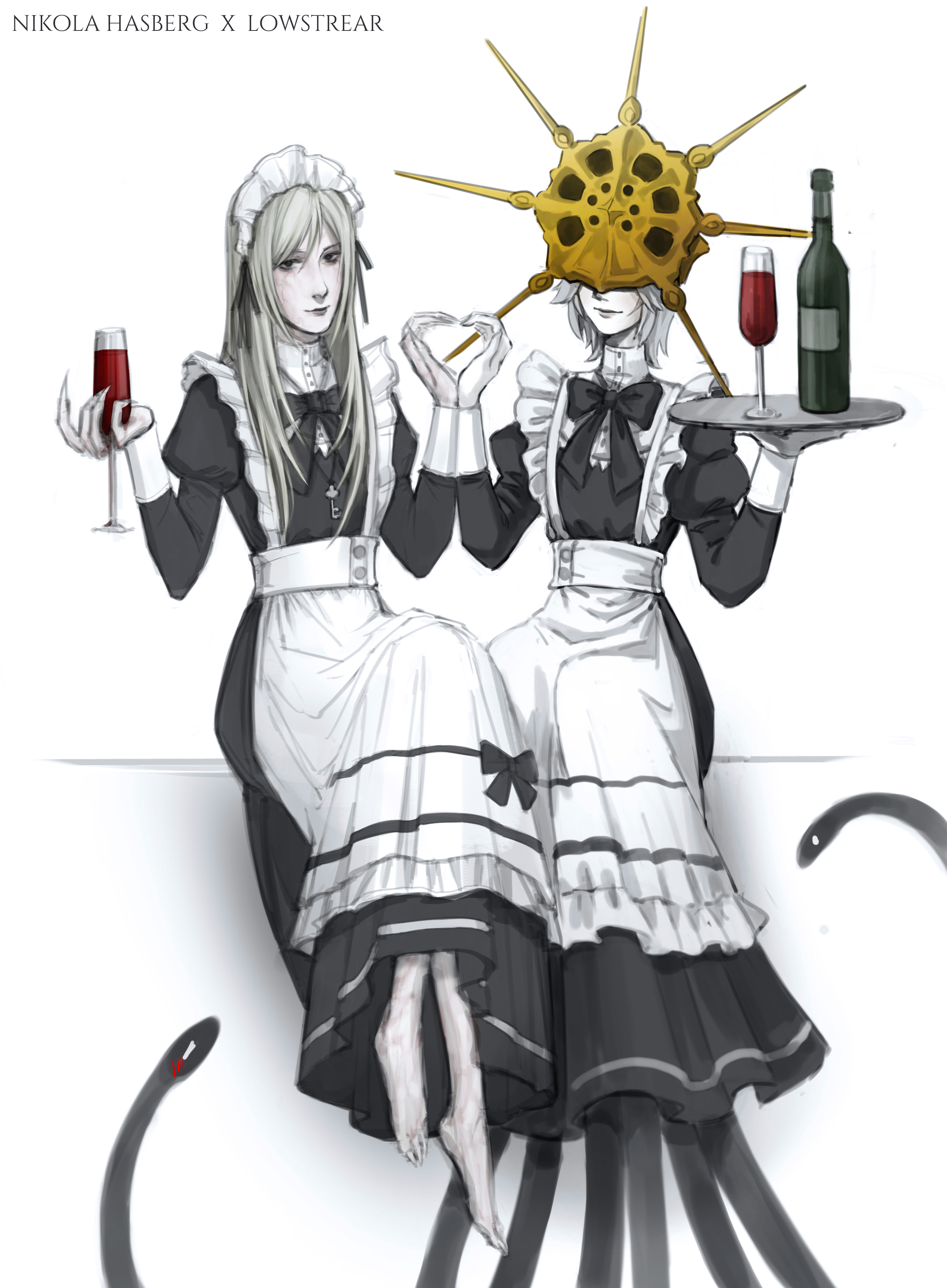 cabello plateado, dark souls, dark souls 3, dark sun gwyndolin, femboy, gay, incest, labios pintados, lothric younger prince, maid uniform, male, princess, souls (from software), twink, uncle and nephew, vino rojo