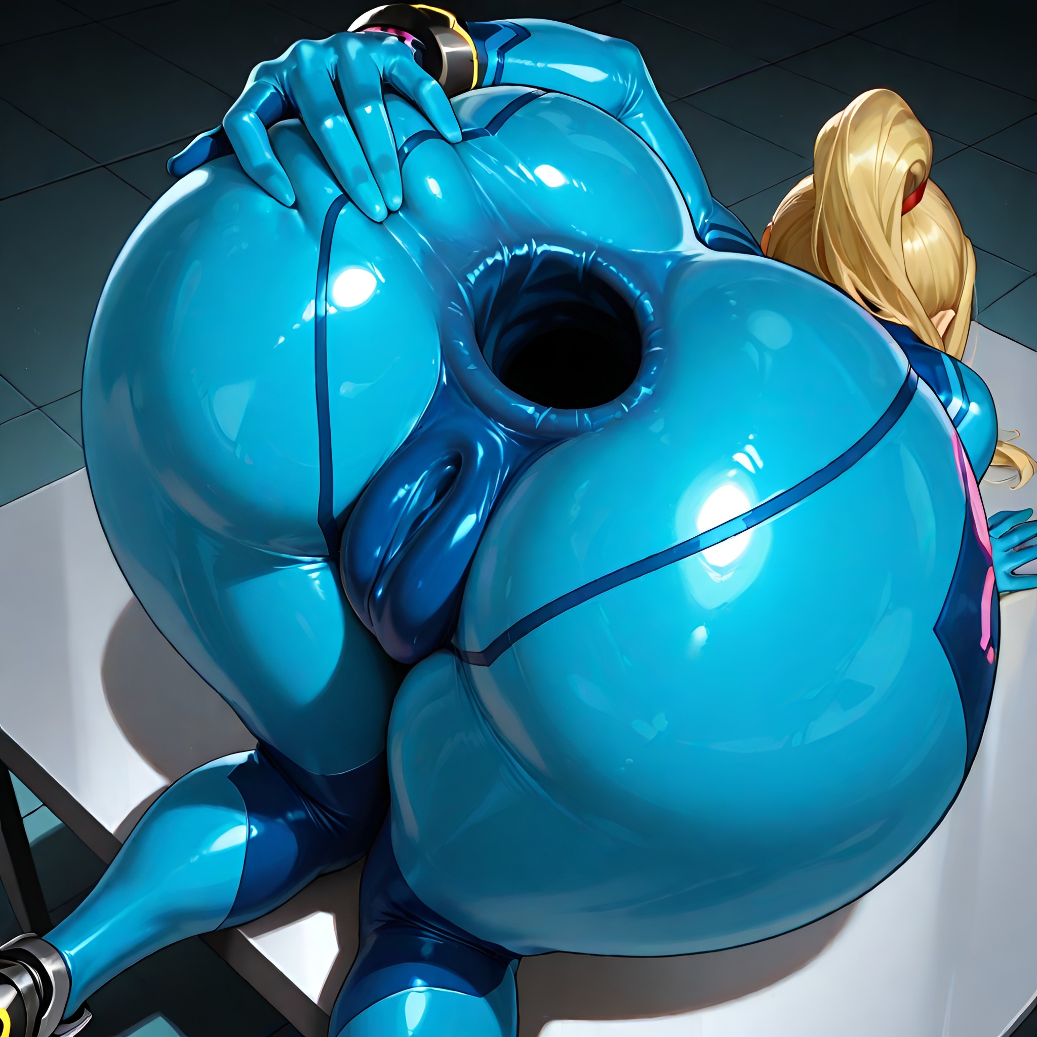 ai generated, anal through clothes, anus, ass, big ass, blonde hair, clothes as condom, clothing skin, female, fucked through clothes, gaping, gaping anus, lokito778, metroid, penetration through clothes, samus aran, through clothes
