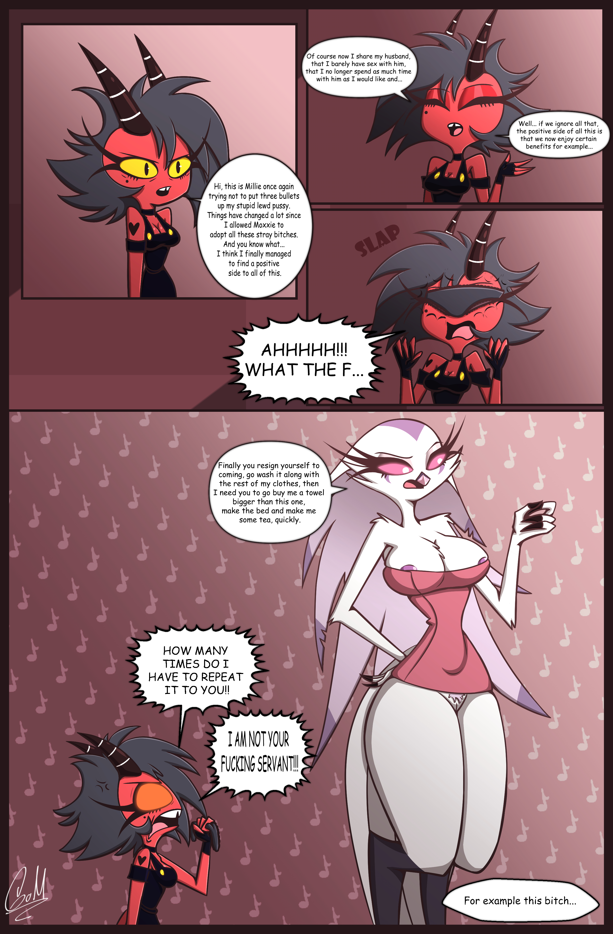 comic, comic page, english text, female, gatojack3, helluva boss, millie (helluva boss), nipples peek, pussy, pussy out, stella (helluva boss), towel only, underwear on face