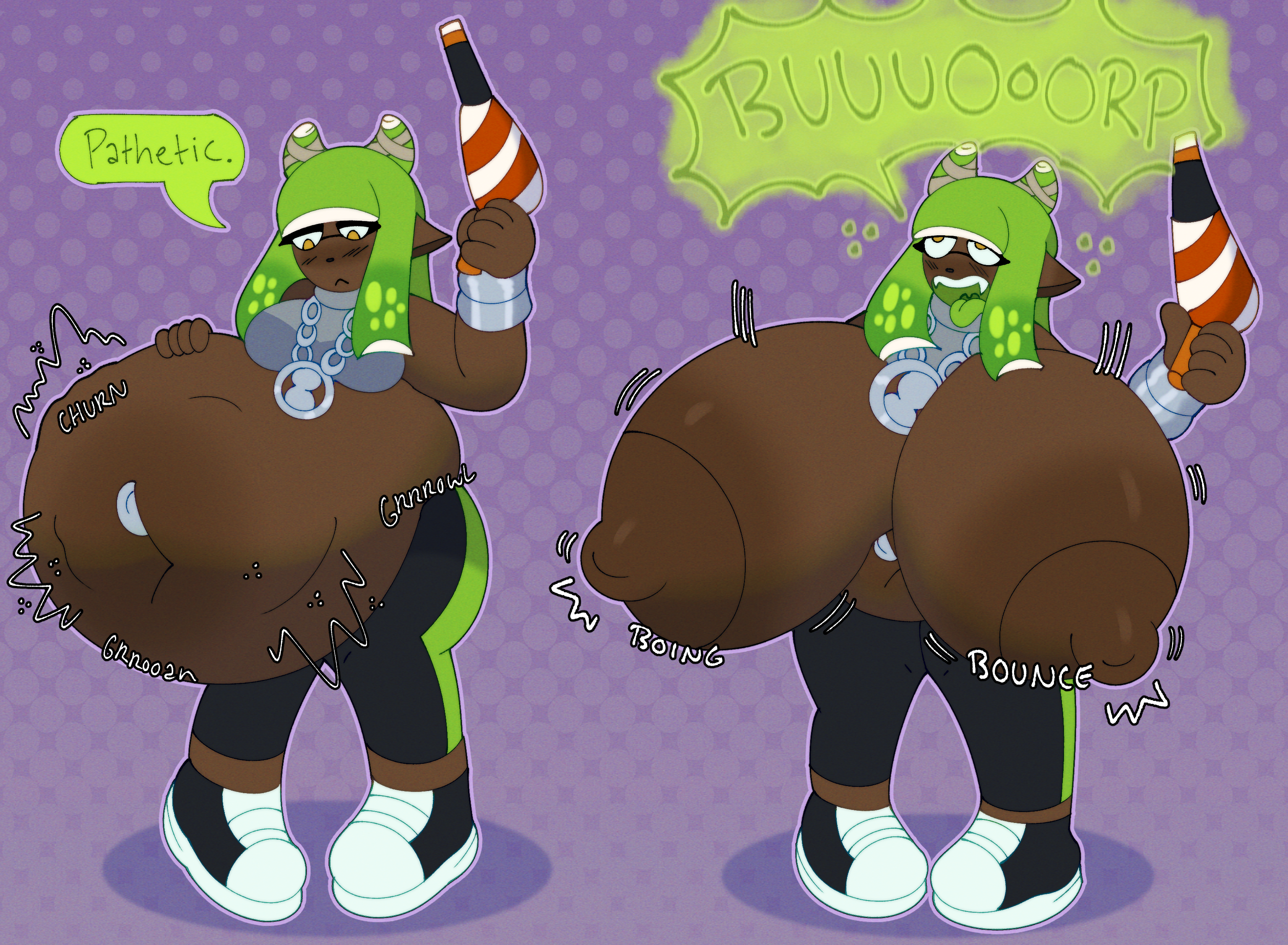 big belly, big breasts, breast expansion, breasts bigger than head, burping, cephalopod humanoid, clothing, dark-skinned female, digestion, digestion noises, exxxcaliborg, female only, female pred, green hair, hyper, hyper belly, hyper breasts, inkling girl, massive breasts, same size vore, splatoon, vore, vore sequence
