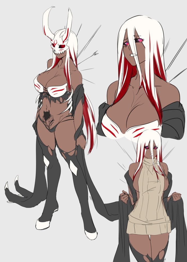 1girls, breasts, cleavage, dark skin, dark-skinned female, female, female only, grimm (rwby), humanized, mask, monster girl, nuckelavee (rwby), rule 63, rwby, sinccubi, thigh gap, virgin killer sweater
