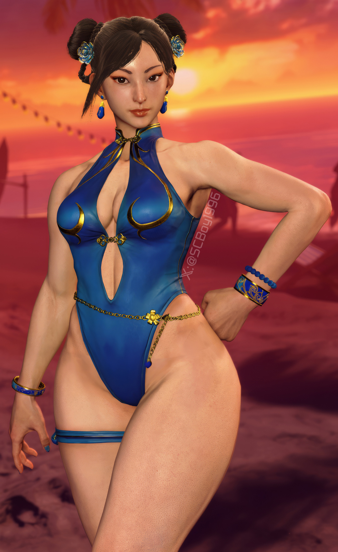 1girls, 3d, beach, breasts, capcom, chun-li, chun-li (street fighter 6), female, female only, game screenshot, hair bun, large breasts, looking at viewer, official alternate costume, screenshotboy96, solo, solo female, street fighter, street fighter 6, swimsuit, tagme, twitter username