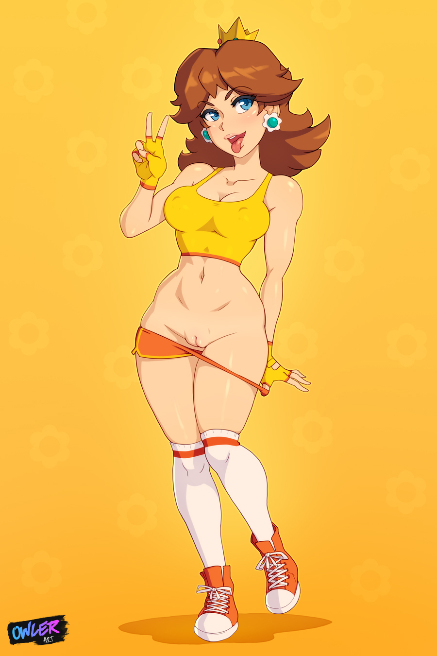 1girls, abs, athletic, blue eyes, breasts, brown hair, cleavage, clothes, earrings, eyelashes, female, female only, fingerless gloves, flashing, flashing pussy, gloves, gym clothes, gym uniform, hairless pussy, hourglass figure, human, innie pussy, kneehighs, kneesocks, looking at viewer, mario (series), mario tennis, medium breasts, nintendo, open mouth, orange background, owler, pants down, peace sign, presenting, presenting pussy, princess daisy, pussy, shadow, shoes, shorts, shorts down, simple background, smile, sneakers, socks, solo, sportswear, standing, tank top, text, thick thighs, thighs, thin waist, tongue, tongue out, v, watermark, wide hips