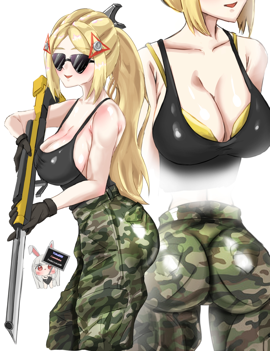 1girls, ass, big ass, big breasts, blonde hair, breasts, bubble ass, bubble butt, camo print, camouflage pants, cleavage, clothing, fat ass, female, female only, glasses, gun, huge ass, large ass, pants, pantylines, rifle, sniper, soldier, solo, thick ass, thick thighs, trigger (zenless zone zero), weapon, white background, wide hips, yokab88, zenless zone zero