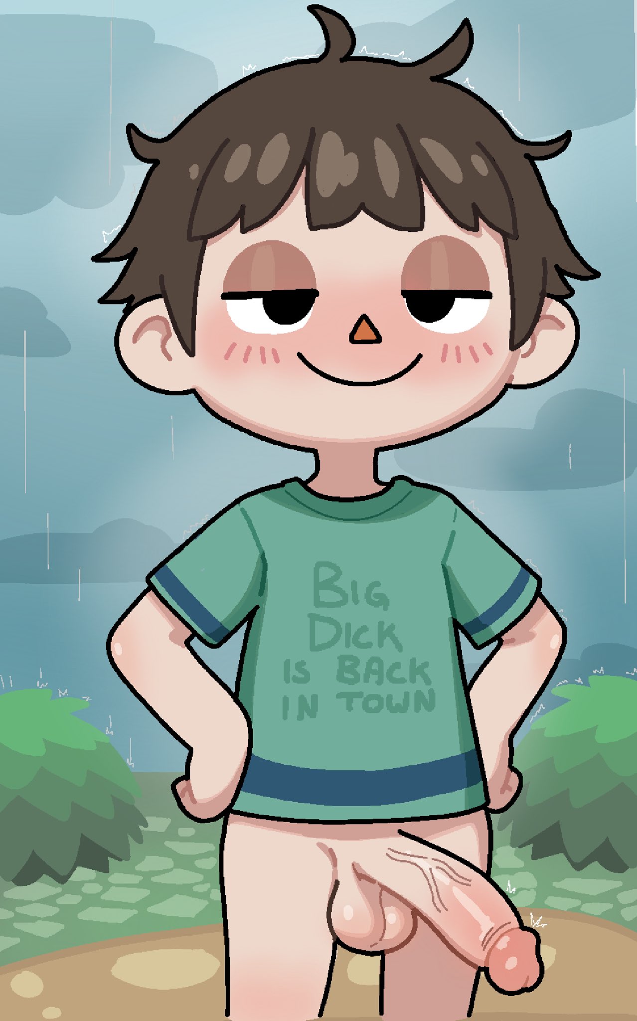 animal_crossing balls big_penis biped bottomless bottomless_human bottomless_male brown_hair clothed clothing erection front_view genitals glans hair healerart hi_res human human_only humanoid_genitalia humanoid_penis male male_human mammal nintendo not_furry outside penis presenting presenting_penis raining shirt skinny smile smug solo standing t-shirt toony_face topwear villager_(animal_crossing) young