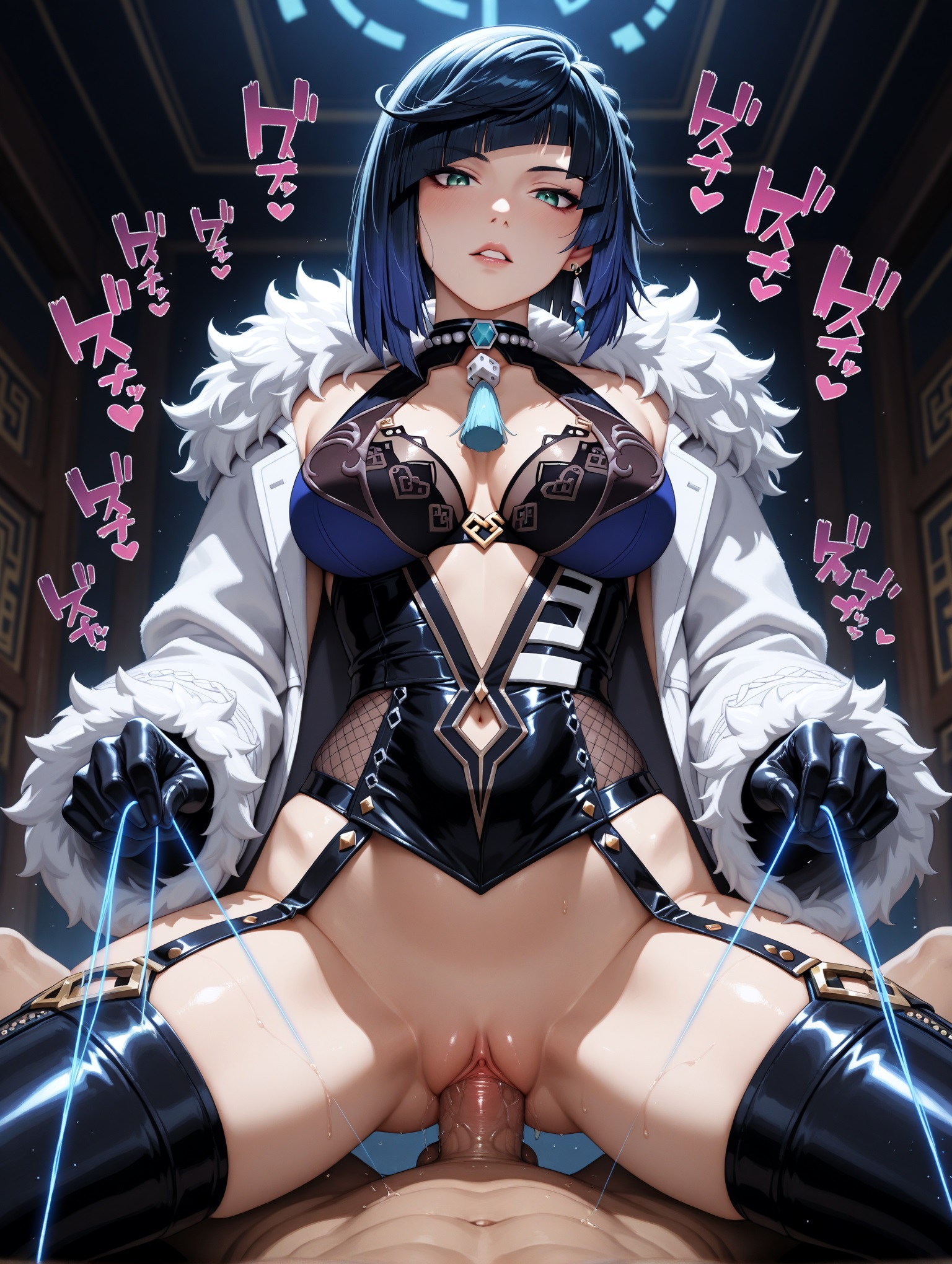 1boy, 1girls, ai generated, ass, balls, ballsack, bangs, big breasts, big penis, big thighs, blue eyes, blue hair, blush, blush lines, blushing female, bondage, boots, breasts, clothed, clothed female nude male, clothed sex, coat, coat on shoulders, collarbone, cowgirl, cowgirl position, curvy, curvy body, curvy female, curvy figure, dissappointed look, dominant, dominant female, domination, dominatrix, dripping, dripping pussy, dripping wet, earrings, erect penis, expressionless, female, female focus, female on male, female on top, female penetrated, genshin impact, gloves, high quality, high resolution, highres, hoyoverse, indoors, indoors sex, inside, jewelry, light skin, light-skinned female, light-skinned male, male, menacing, menacing (meme), navel, navel cutout, navel visible through clothes, necklace, no panties, no underwear, nude, nude male, open eyes, open mouth, parted lips, penetrating pov, penetration, penis, pussy, raped, rukiakira, short hair, short hair with long locks, short-haired female, shoulder length hair, shoulders, sweaty, sweaty ass, sweaty thighs, temple, thigh high boots, thigh highs, tight clothes, tight clothing, tight fit, white body, white dick, white skin, yelan (genshin impact)
