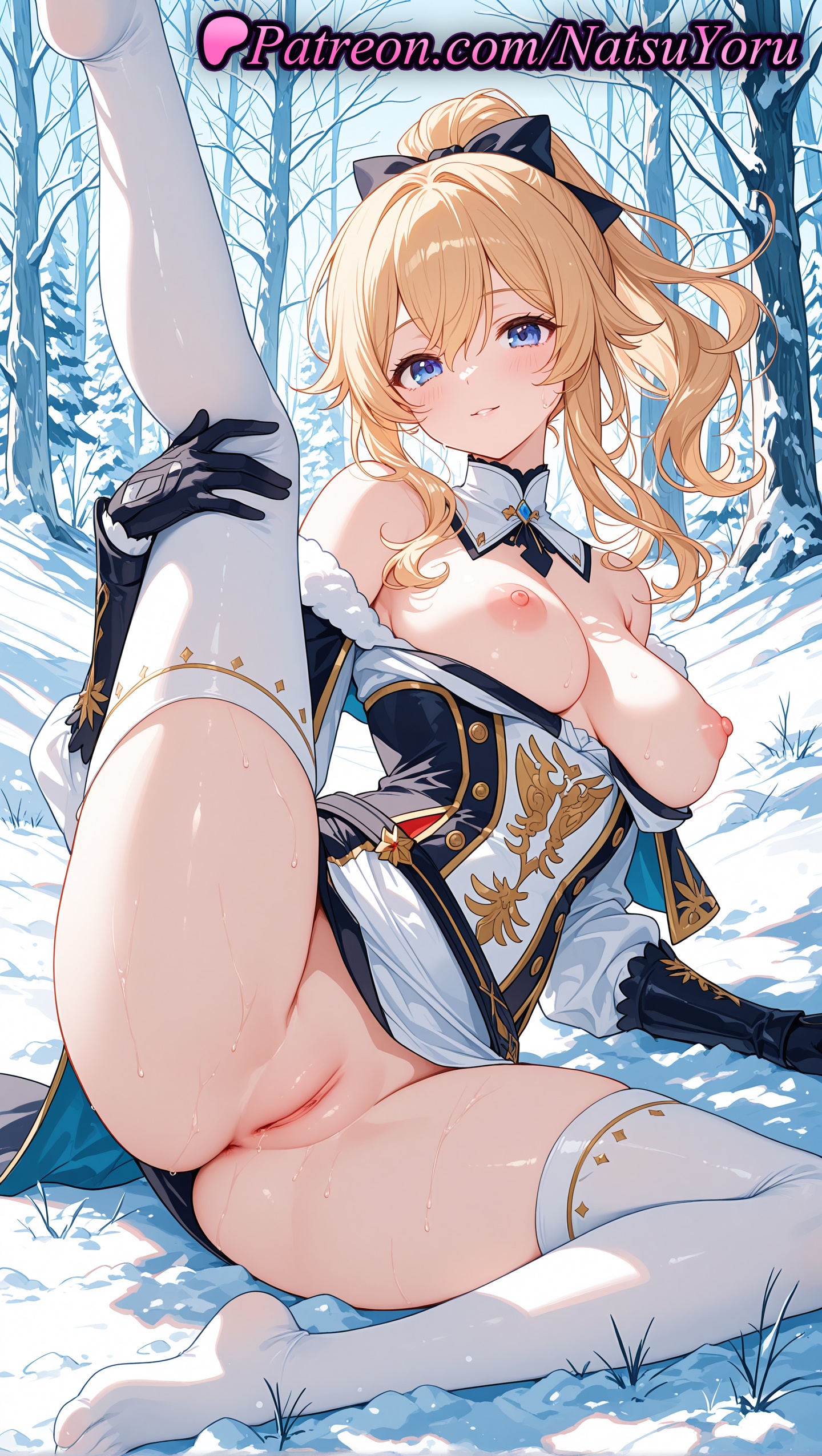 1girls, 2025, ai generated, anime, anime style, anus, bangs, bare shoulders, black gloves, blonde hair, blue eyes, blush, bow, breasts, clothes lift, detached collar, feet, female, genshin impact, gloves, hairbow, hi res, high quality, high resolution, highres, hoyoverse, jean gunnhildr, jean gunnhildr (sea breeze dandelion), large breasts, long hair, looking at viewer, mihoyo, mihoyo technology (shanghai) co. ltd., natsuyoru, nipples, no shoes, outdoors, parted lips, patreon, ponytail, pussy, sidelocks, smile, solo, spread legs, stable diffusion, thighhighs, thighs, uncensored, vagina, voluptuous, voluptuous female, white thighhighs