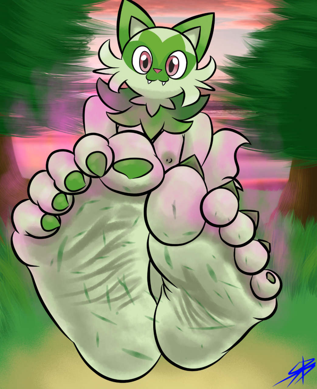 anthro anthrofied areola barefoot blue_sky breasts cloud colored_nails dirty dirty_feet feet female foot_fetish foot_focus fur furry generation_9_pokemon grass green_body green_fur green_nails hi_res humanoid_feet looking_at_viewer musk musk_clouds musky_feet nails nintendo nipples nude plant plantigrade pokemon pokemon_(species) pokemorph red_eyes signified-blue sky smelly smelly_feet soles solo sprigatito steamy_feet tree white_clouds wrinkled_feet wrinkles