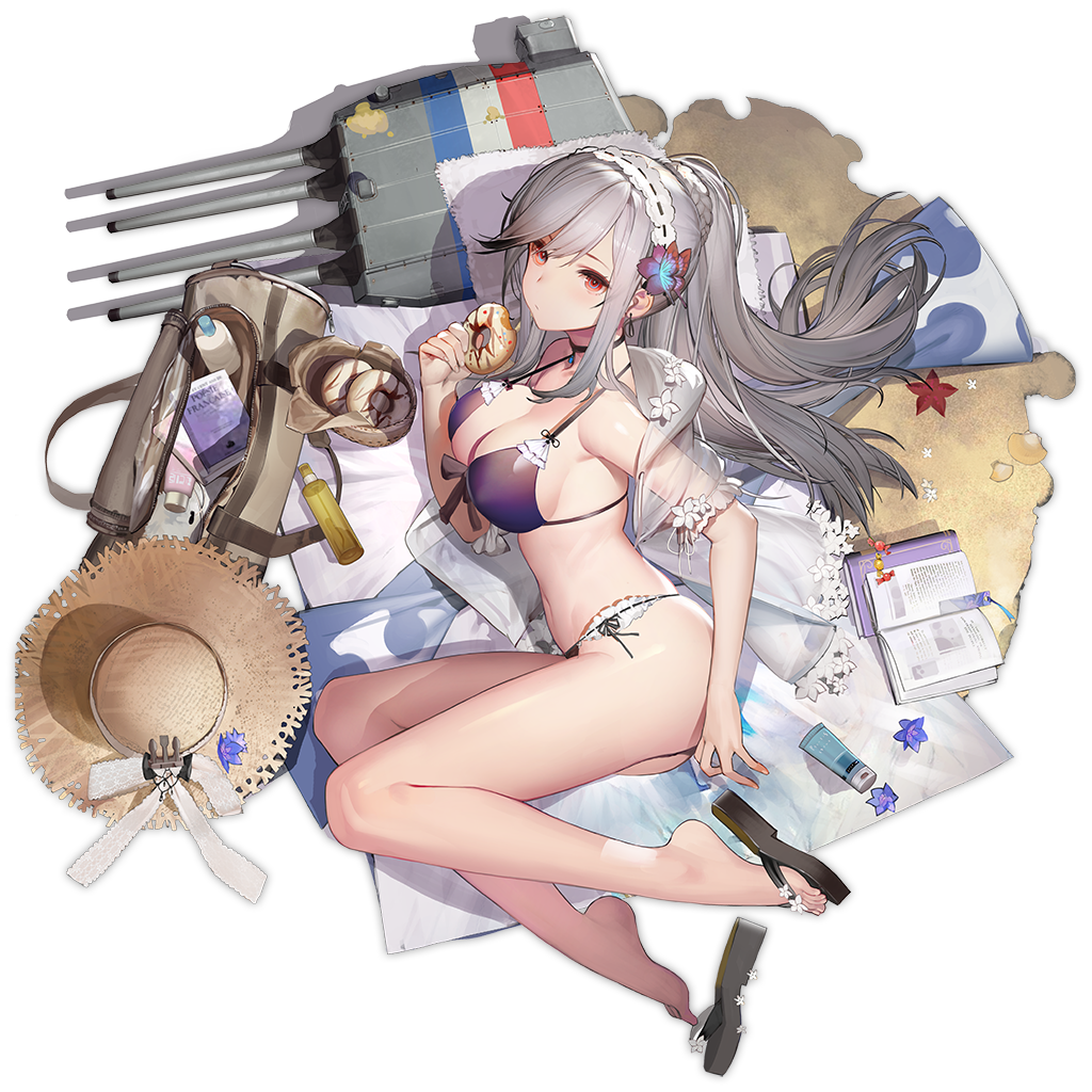 alternate_costume ass azur_lane bag bare_legs bare_shoulders barefoot beach_mat beach_towel bikini black_background blue_butterfly blush book braid breasts butterfly_hair_ornament can cannon cg choker cleavage closed_mouth collarbone cooler cross crown_braid cup doughnut dunkerque_(azur_lane) dunkerque_(summer_sucre)_(azur_lane) feet female flip-flops flower food front-tie_bikini front-tie_bikini_top front-tie_top fruit full_body grey_hair hair_flower hair_ornament hairband halterneck hat high_heels holding holding_food jewelry large_breasts long_hair looking_at_viewer lotion_bottle lying machinery navel official_alternate_costume official_art on_side open_clothes picnic_basket ponytail purple_bikini red_eyes sand sandals see-through shell sidelocks silver_hair sitting solo starfish stomach straw_hat string_bikini sunglasses sunscreen swimsuit thighs toenail_polish toes transparent_background turret yokozuwari