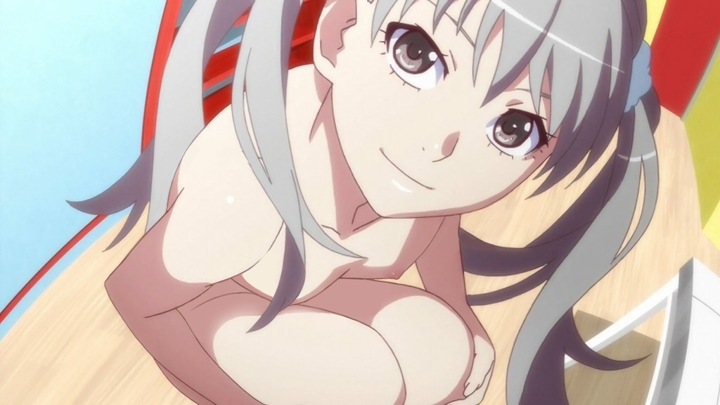 areola bangs breasts eyes female long_hair looking_at_viewer medium_breasts monogatari_(series) nipples nose nude_filter oikura_sodachi owarimonogatari pointy_chin scrunchie silver_eyes silver_hair smile solo third-party_edit white_scrunchie