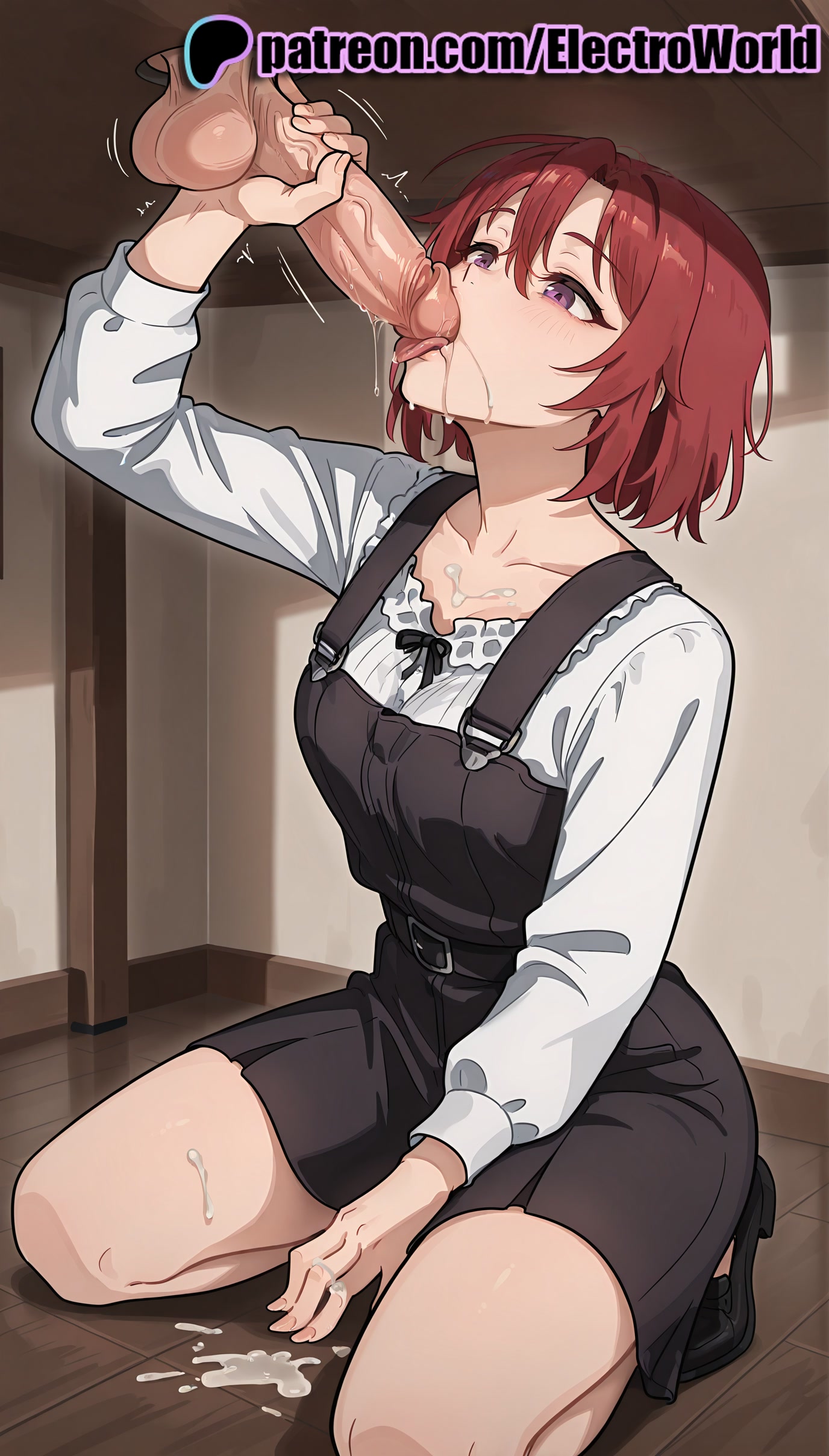 1boy, 1girls, 2025, after fellatio, ai generated, artist name, balls, cock, cow girl (goblin slayer), cum, cum in mouth, cum on body, cum on clothes, cum on hands, dick, ejaculation, electroworld, facial, fellatio, female, glory hole, goblin slayer, handjob, hi res, high quality, high resolution, highres, huge cock, kneeling, large penis, male, milking table, mole, patreon, patreon username, penis, red hair, seiza, short hair, squatting, stable diffusion, straight, testicles, trembling, uncensored, watermark