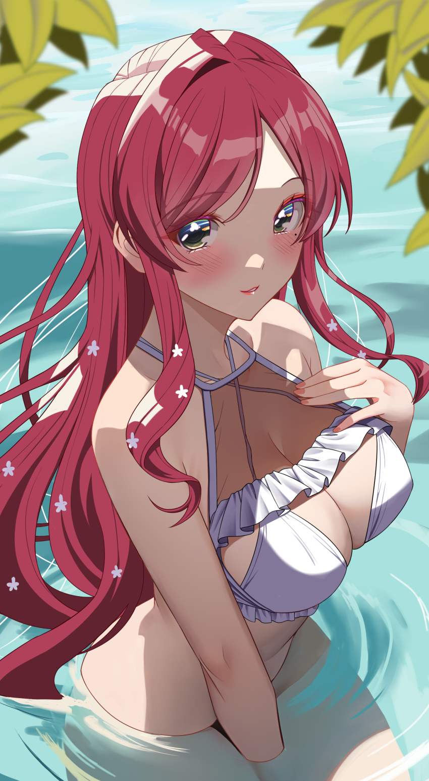 100_kanojo 1girl absurdres akihiro0920 bikini blush breasts cleavage day eyeshadow female flower frilled_bikini frills green_eyes hair_flower hair_ornament halterneck hanazono_hahari hand_on_own_chest highres kimi_no_koto_ga_dai_dai_dai_dai_daisuki_na_100-nin_no_kanojo large_breasts leaf light_smile long_hair looking_at_viewer makeup milf mole mole_under_eye multi-strapped_bikini_top parted_bangs parted_lips partially_submerged pink_hair red_eyeshadow see-through_cleavage see-through_clothes single_hair_intake solo swimsuit the_100_girlfriends_who_really_really_really_really_really_love_you very_long_hair water white_bikini