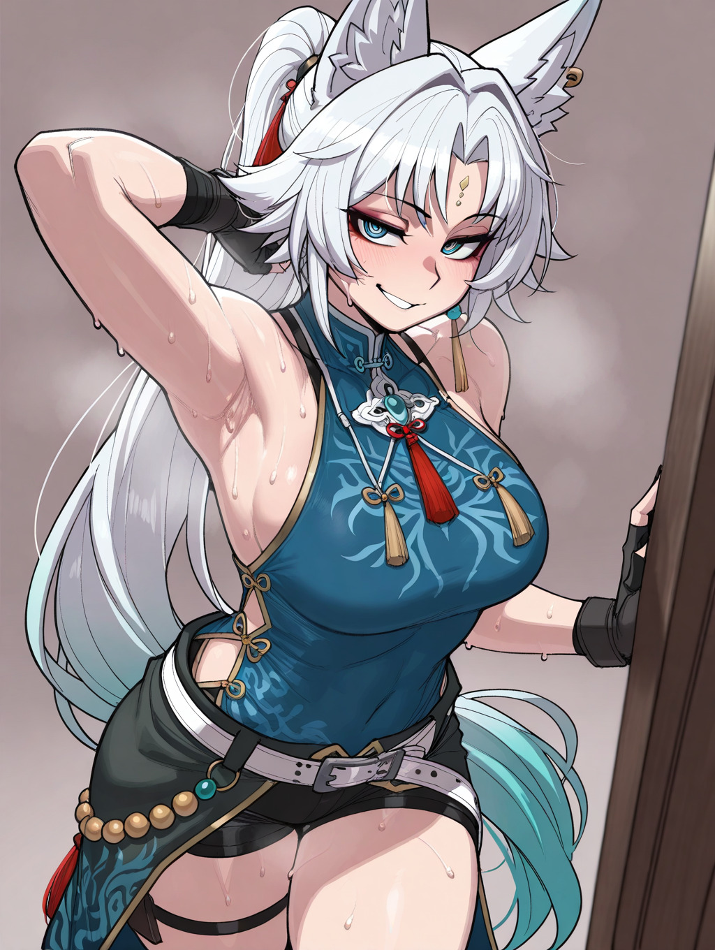 1girls, ai generated, arm behind head, arm up, armpit, armpit fetish, armpits, arms up, astralgazer, black boots, black shorts, boots, breasts, chinese clothes, ear piercing, earrings, exposed shoulders, eyeshadow, feixiao (honkai: star rail), female, fingerless gloves, fox, fox ears, fox girl, gloves, green hair, honkai (series), honkai: star rail, hoyoverse, kemonomimi, knee boots, large breasts, long hair, looking at viewer, shorts, shoulders, sleeveless, sleeveless shirt, smirk, solo, steam, steaming body, sweat, sweatdrop, sweaty thighs, tassel, thigh strap, thighs, two-tone hair, very long hair, white hair