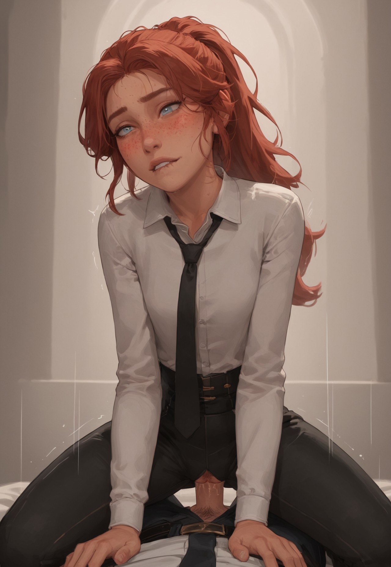 ai generated, ai hands, ai-created, artist request, blush, breasts, clair obscur: expedition 33, clothed, clothed sex, collared shirt, female, maelle (clair obscur: expedition 33), necktie, orgasm, pants, pubic hair, pussy, red hair, riding, sex, small breasts, uncensored, vaginal penetration, white shirt