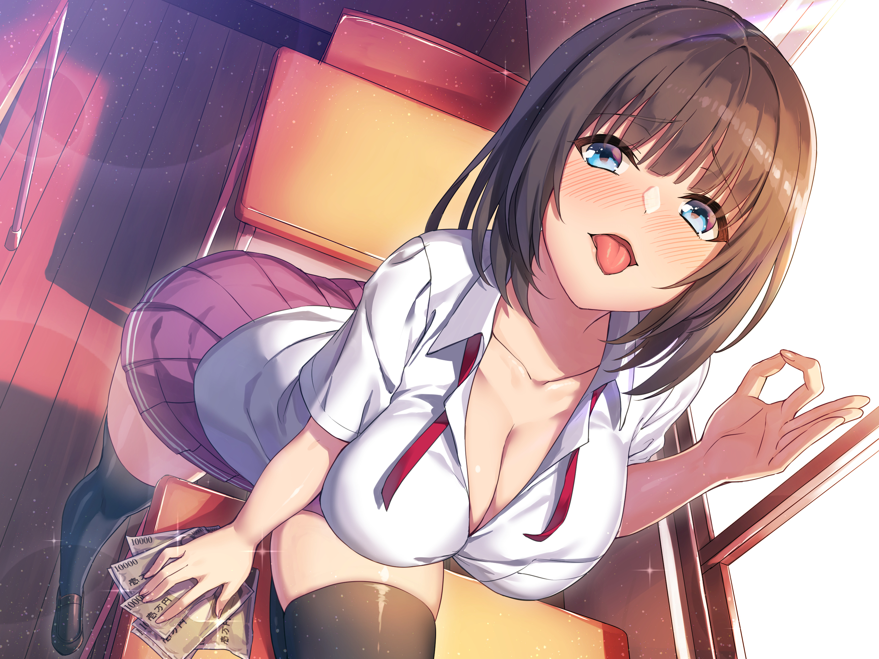 1girls, black thighhighs, blue eyes, blunt bangs, blush, breasts, brown hair, brown shoes, chair, classroom, cleavage, collarbone, collared shirt, day, desk, dress shirt, fellatio gesture, female, fingernails, handjob gesture, highres, indoors, large breasts, lens flare, light particles, long fingernails, looking at viewer, medium hair, miniskirt, money, naughty face, neck ribbon, no bra, non-web source, nose blush, open mouth, oral invitation, original, pink skirt, pleated skirt, prostitution, red ribbon, ribbon, school chair, school desk, school uniform, sexually suggestive, shirt, shoes, short sleeves, skindentation, skirt, smile, solo, thighhighs, tongue, tongue out, umihal, undone neck ribbon, white shirt, window, wing collar, wooden floor