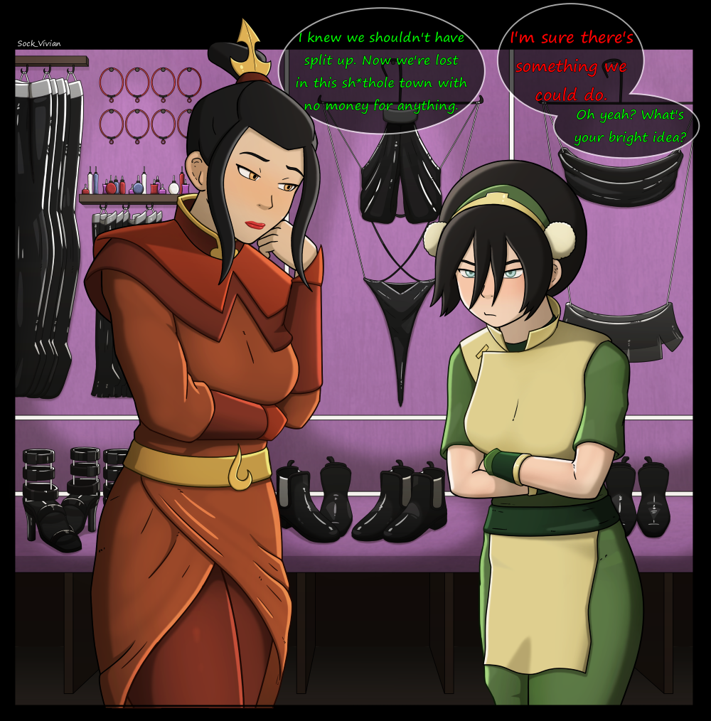 2girls avatar_the_last_airbender azula black_hair boots crossed_arms crown dialogue dominatrix_outfit dress earth_kingdom english_text female female_only fire_nation frustrated fully_clothed hair_band hair_bun latex lingerie lipstick long_hair princess propositioning sideboob sock_vivian speech_bubble story tomboy toph_bei_fong topknot toys tunic