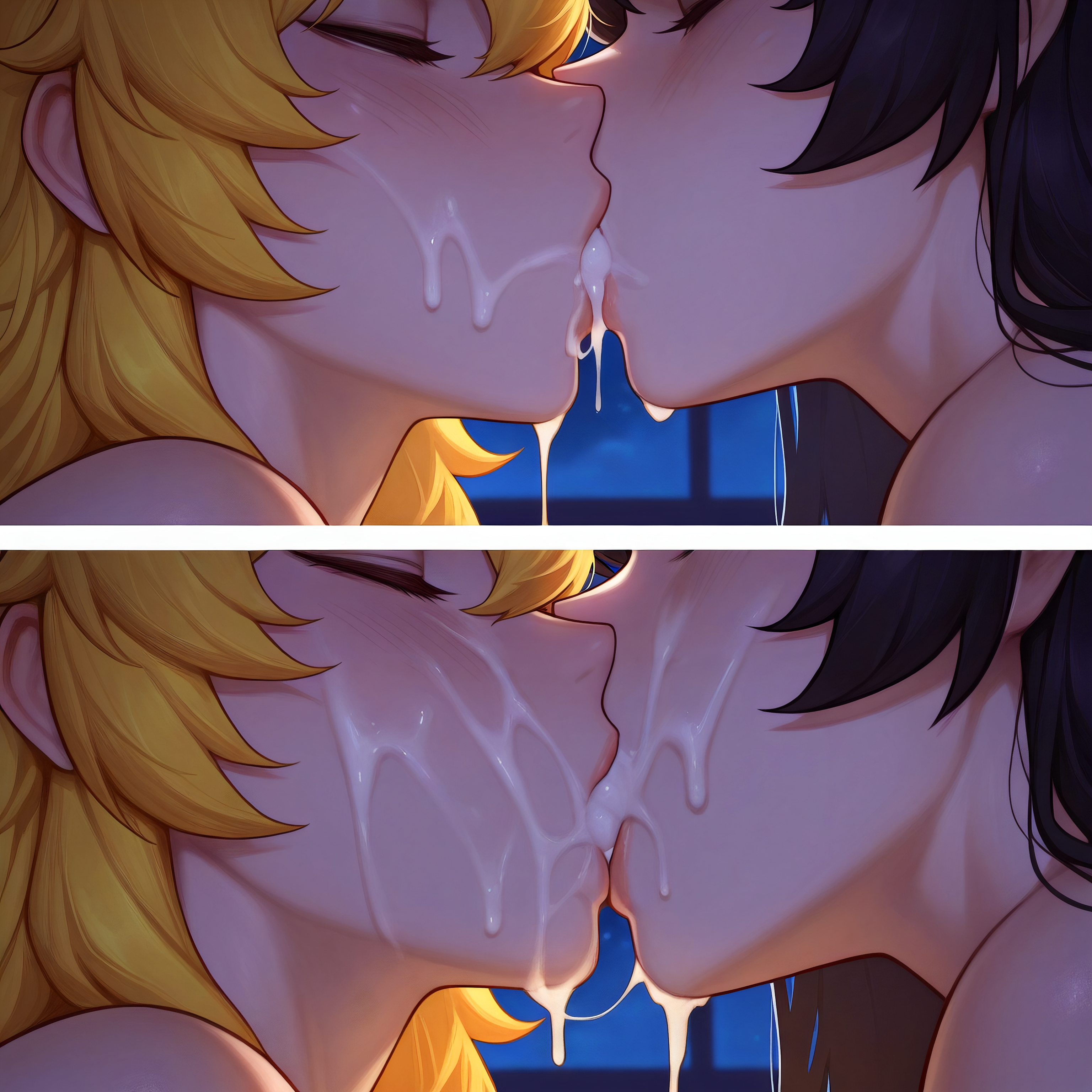 2girls, ai generated, bisexual, bisexual female, black hair, blake belladonna, blonde hair, closed eyes, cum, cum drip, cum in mouth, cum on face, ffm threesome, kiss, kissing, long hair, moaning, naked, rwby, s00bai, sharing cum, snowballing, threesome, yang xiao long
