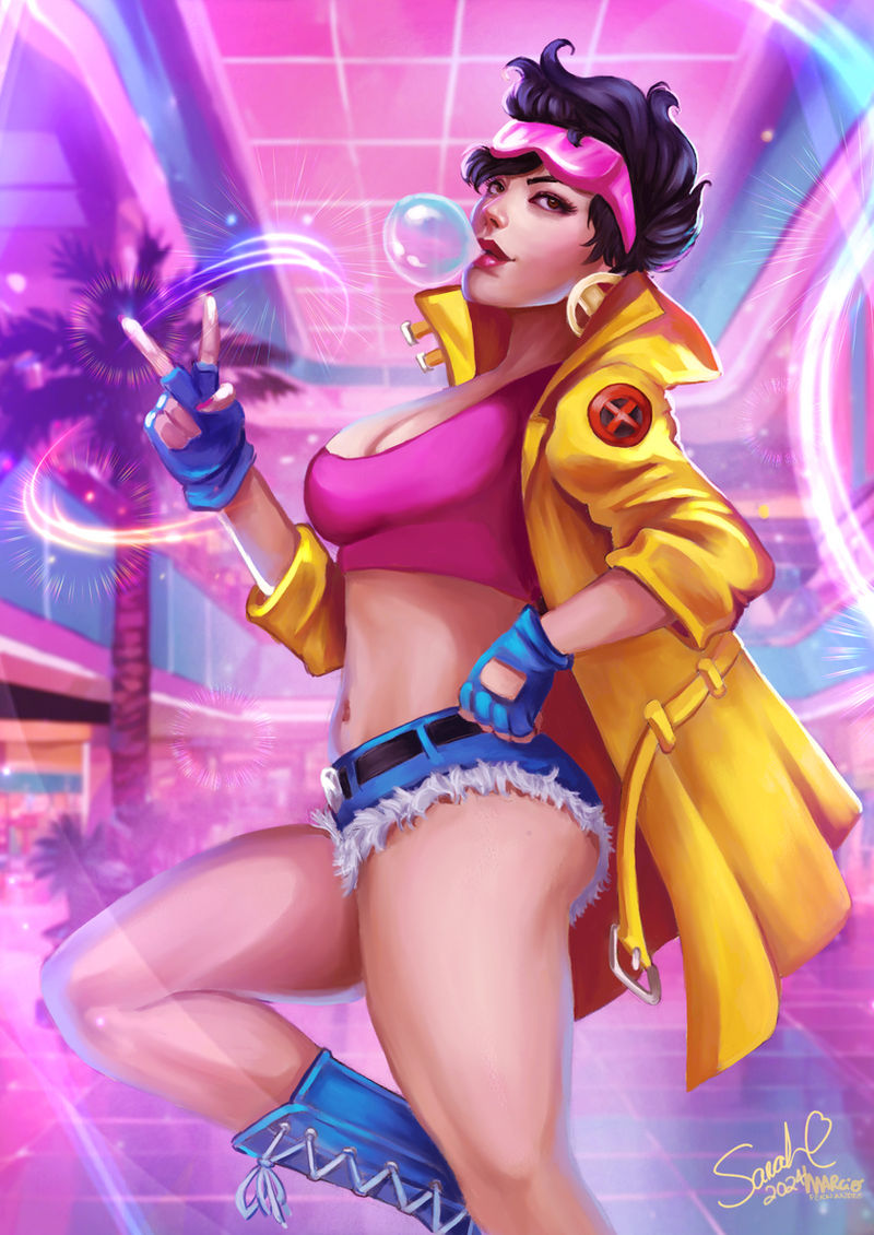 1girl belt belt_buckle black_hair blue_footwear blue_gloves blue_shorts boots breasts brown_eyes bubble bubble_blowing buckle chewing_gum cleavage clothing crop_top cross-laced_footwear cutoffs denim denim_shorts earrings eyeshadow eyewear_on_head female fingerless_gloves fingernails footwear forty_fathoms_(artist) glasses gloves goggles goggles_on_head hoop_earrings jacket jewelry jubilee lace-up_boots large_breasts lips lipstick long_coat looking_at_viewer makeup mall marvel marvel_comics medium_breasts midriff nail_polish navel nose open_clothes open_jacket pink_sky pinup shoes short_hair short_shorts shorts smile solo standing standing_on_one_leg stomach tagme tree v x-men x-men_97
