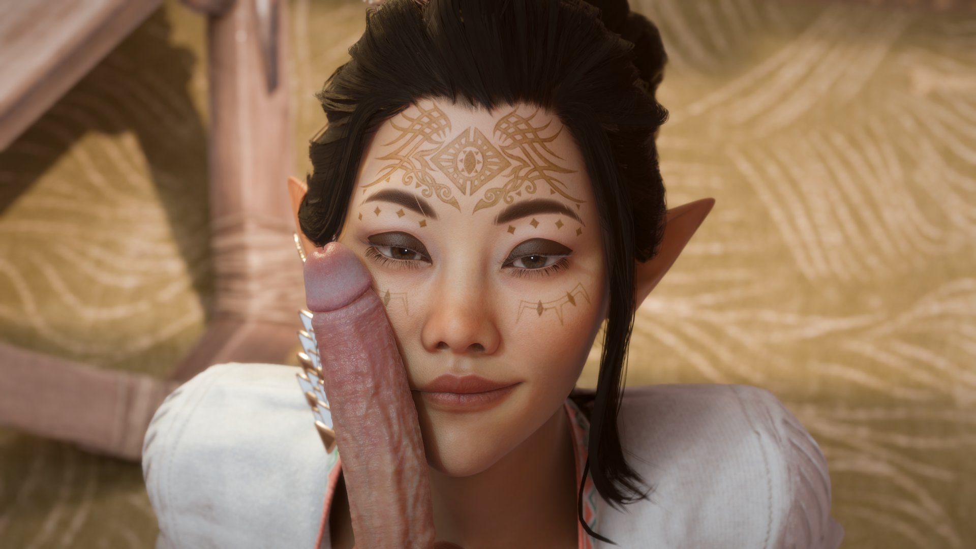 1boy, 1girls, 3d, bellara lutare, big penis, bioware, black hair, bluelight, breasts, brown eyes, curvaceous, curvy, curvy figure, dragon age, dragon age the veilguard, elf, elf ears, elf female, eyeshadow, female, hair bun, hips, imminent deepthroat, imminent oral, kneeling, light skin, light-skinned female, long ears, long penis, male, male/female, mature, mature female, oral, penis, skinny, slim, slim waist, straight, thick, thick hips, thick legs, thick thighs, thighs, tied hair, voluptuous, waist, wide hips