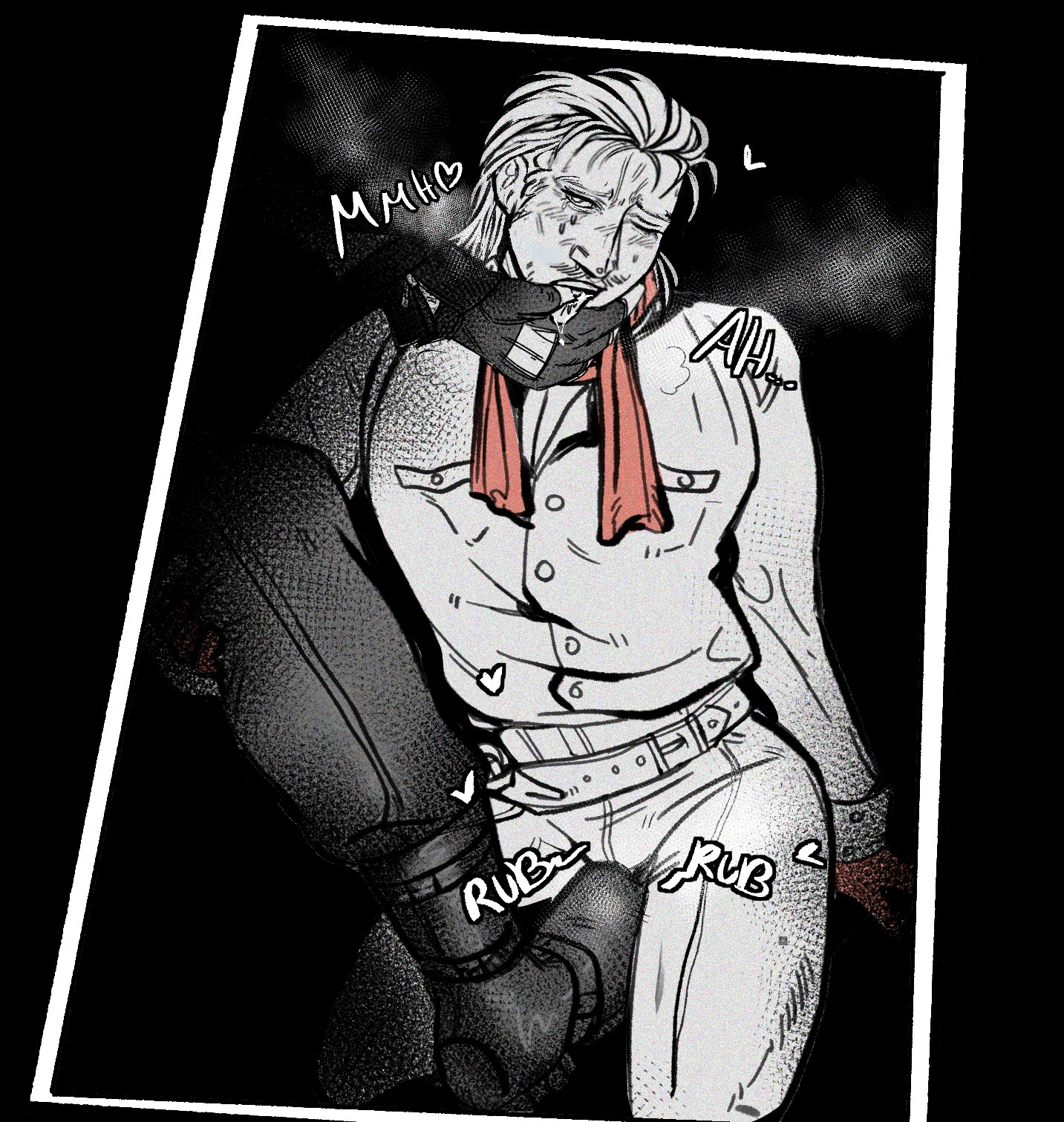 1cuntboy, 2boys, black and white, boot fetish, boots, clothed sex, comic, comic panel, cuntboy, gay, humping, humping leg, intersex, male, metal gear, metal gear solid, moaning, niakku, pussy, revolver ocelot, rubbing pussy, scarf, sound effects, tongue, tongue out