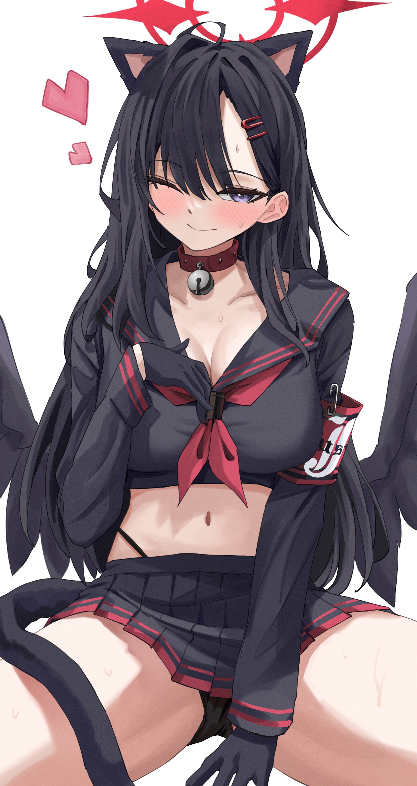 animal collar, big breasts, blue archive, breasts, cat ears, cat tail, collar, female, gloves, halo, high resolution, highres, ichika (blue archive), jeon (user ywaw3774), justice task force (blue archive), one eye closed, thick thighs, thighs, trinity general school student, video game character, wings