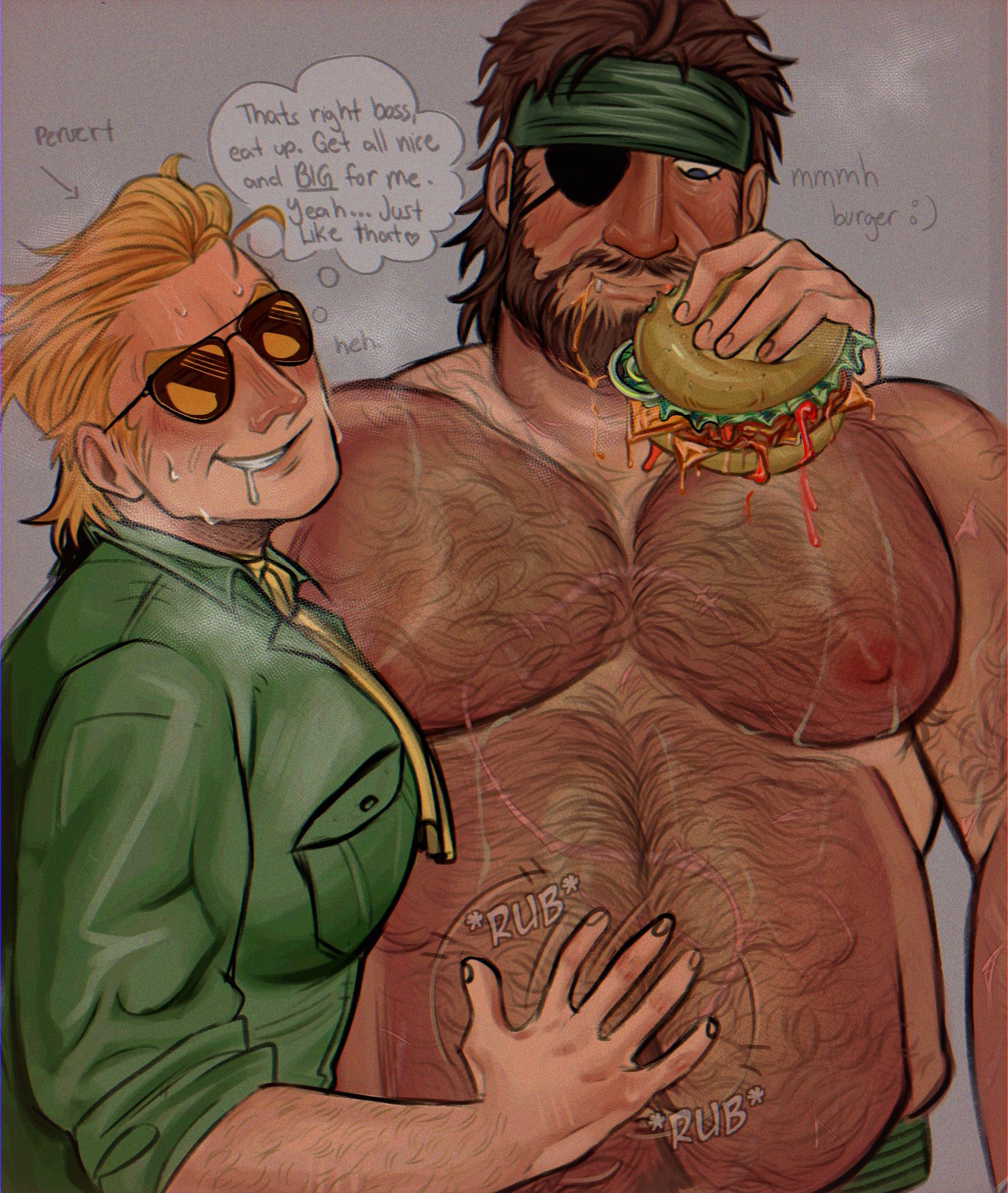 big boss, blonde hair, brown hair, burger, dialogue, drooling, eating, eating food, eye patch, eyepatch, fat, feederism, feeding, gay, hairy, hairy chest, hairy male, headband, kazuhira miller, male, male focus, metal gear, metal gear solid, naked snake, niakku, overweight, rubbing stomach, sunglasses, thought bubble