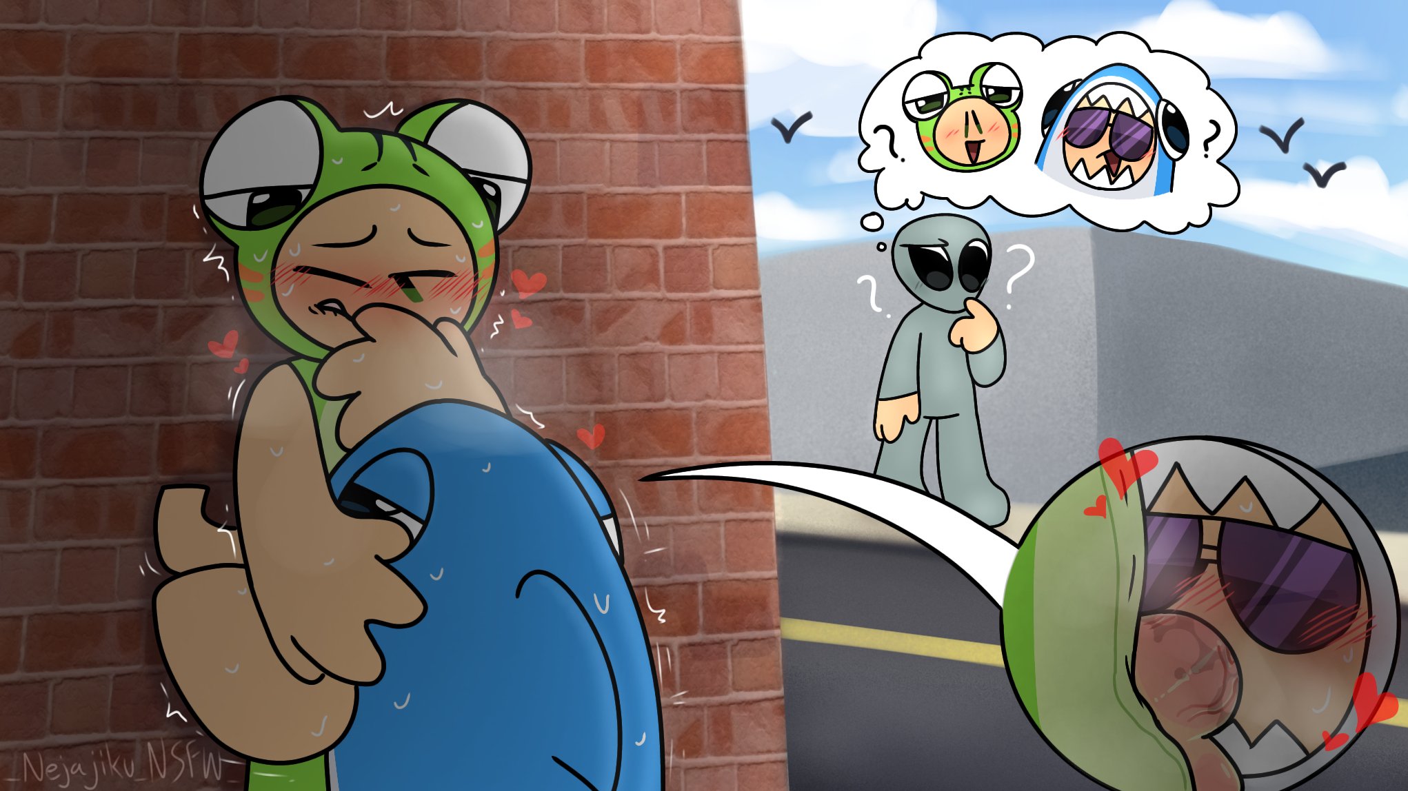 ?, 2boys, alien, biting lip, blowjob, blush, character request, deepthroat, first porn of character, frog, gay, gay sex, heart, male, nejajiku nsfw, oral, oral sex, roblox, roblox avatar, roblox youtuber, roblox23074, robloxian, sex in public, shark, sunfesoverload, sweat, tagme, yaoi, youtube, youtuber, youtuber sona