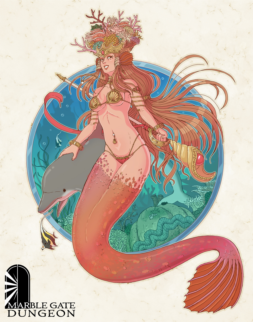 bikini breasts brett_neufeld crown female fish_humanoid fish_tail marble_gate_dungeon mermaid metal_bikini scepter underwater