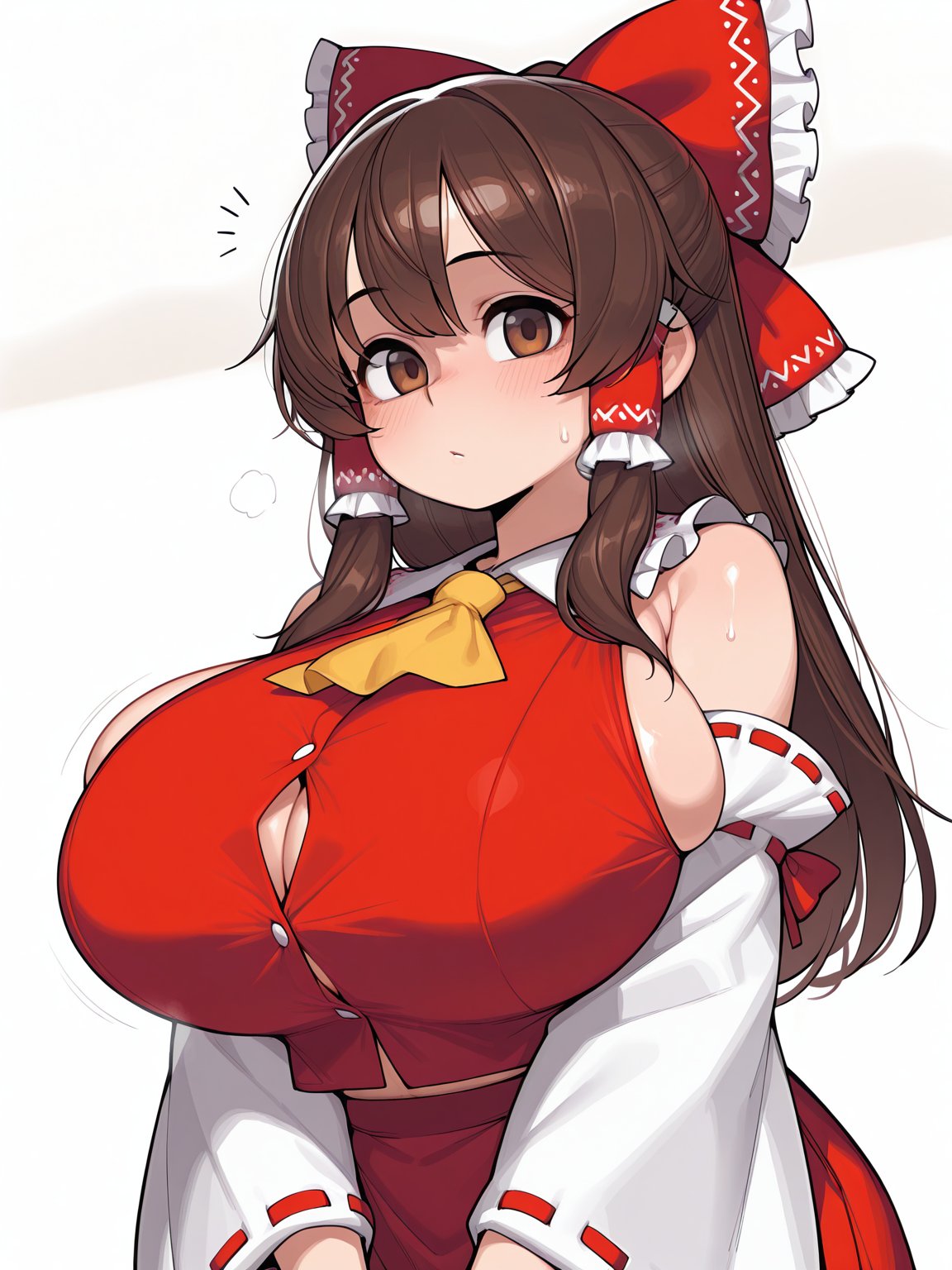 ai generated, blush, breasts, brown eyes, brown hair, cleavage, female, large breasts, overflowing breasts, reimu hakurei, rubikmaniac, touhou