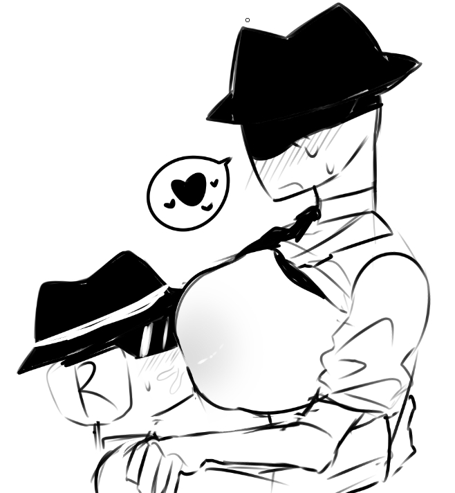 1boy, 1girls, big breasts, bigger female, blush, breasts, breasts in face, chance (forsaken), doublefedora, dream game, fedora, female, forsaken (roblox), genderswap, genderswap (mtf), hat, heart, mafioso (dream game), male, roblox, roblox game, robloxian, rule 63, shorter male, shorter male/taller female, side view, size difference, sucking nipples, sweat, tagme, tagme (artist), taller female
