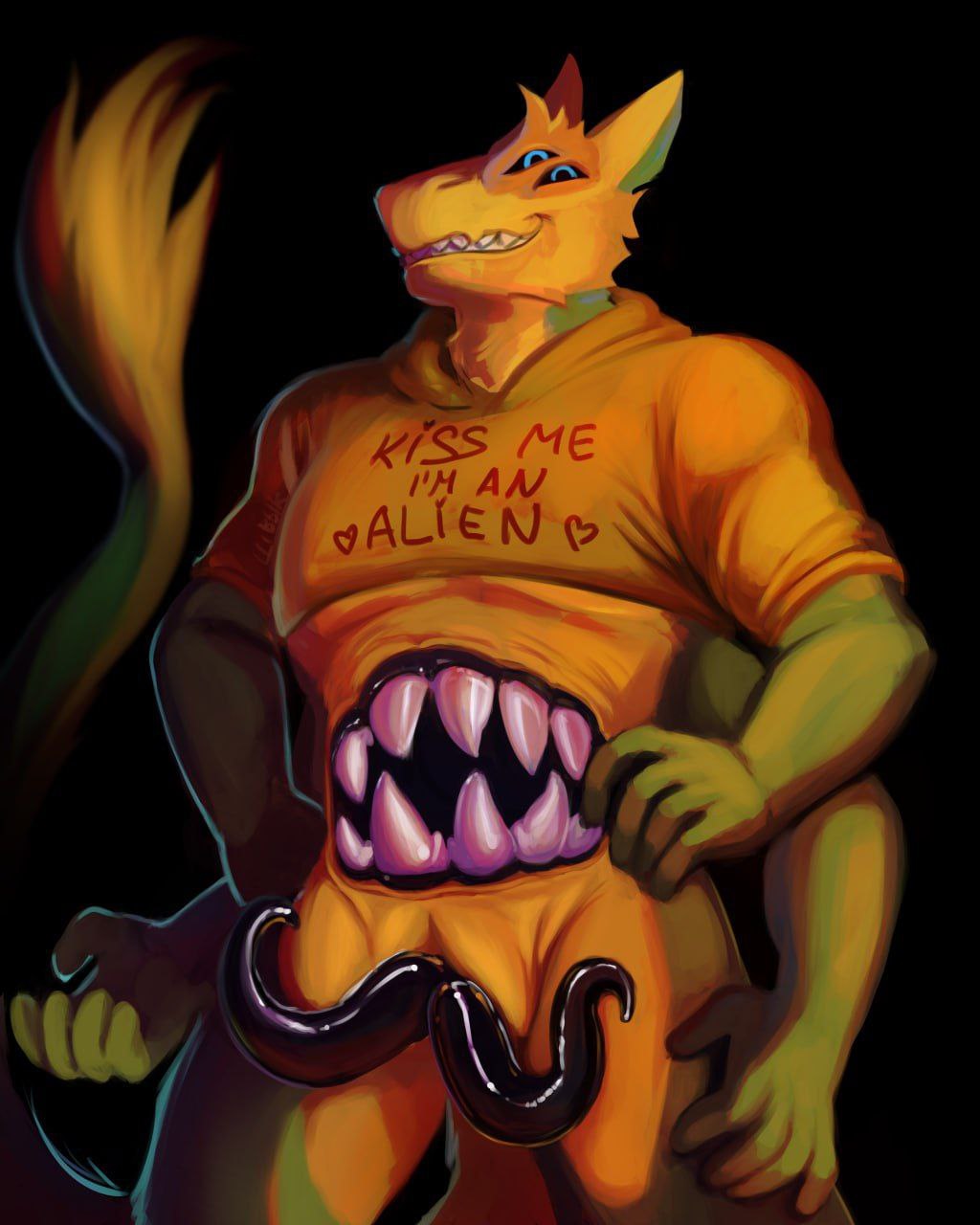 anthro arrow_owlet belly_mouth blue_eyes chest_mouth clothing ears_up gemini_the_sergal genitals hi_res looking_at_viewer male multi_arm multi_eye multi_limb multicolored_body pussy sergal smile smiling_at_viewer solo tail teeth teeth_showing tentacle text text_on_clothing