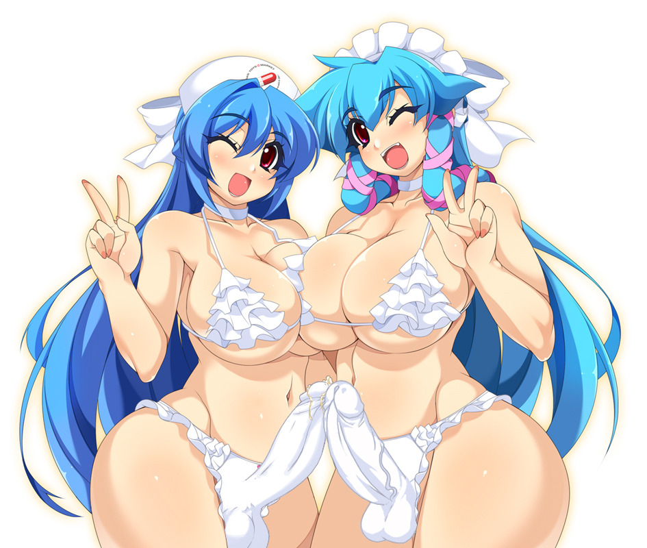 2futas ball_bulge balls balls_in_panties blue_hair blush breasts bulge cleavage curvy elzikyuchi erection erection_under_clothes futa_only futa_with_futa futanari futanari_edit huge_breasts huge_cock huge_penis intersex large_balls mel/a nurse open_mouth panties panty_bulge penis penis_bulge penis_in_panties penis_under_clothes photoshop precum simple_background smile tenting third-party_edit wide_hips