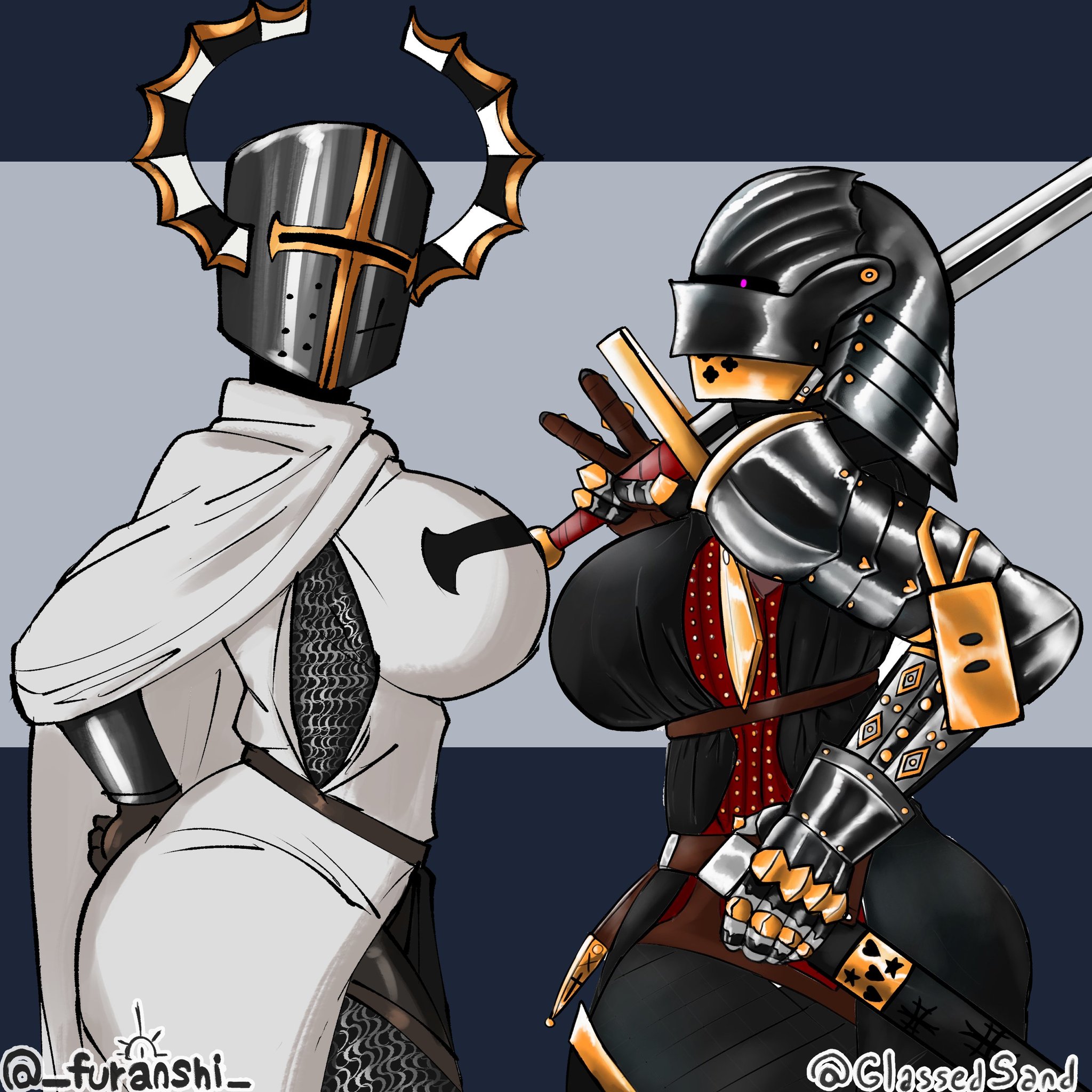 2girls, ass, bevor, big ass, big breasts, big thighs, breasts, bust, busty, chainmail, chest, curvaceous, curvy, curvy figure, digital media (artwork), female, female knight, furanshi, gauntlets, great helm, hips, huge ass, huge breasts, huge thighs, knight, large ass, large breasts, large thighs, legs, mature, mature female, original, original character, original characters, pauldrons, sallet, slim waist, thick, thick hips, thick legs, thick thighs, thighs, vambraces, voluptuous, waist, wide hips, wide thighs