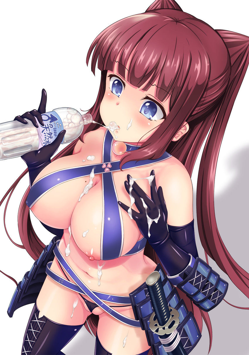 bangs, big breasts, blue eyes, breasts, choker, clothing, cum, cum bubble, cum drinking, cum in container, cum in mouth, cum on body, cum on breasts, female, gokkun, hair, latex gloves, long hair, navel, nipple slip, nipples, partially visible vulva, pussy, red hair, revealing clothes, string panties, sword