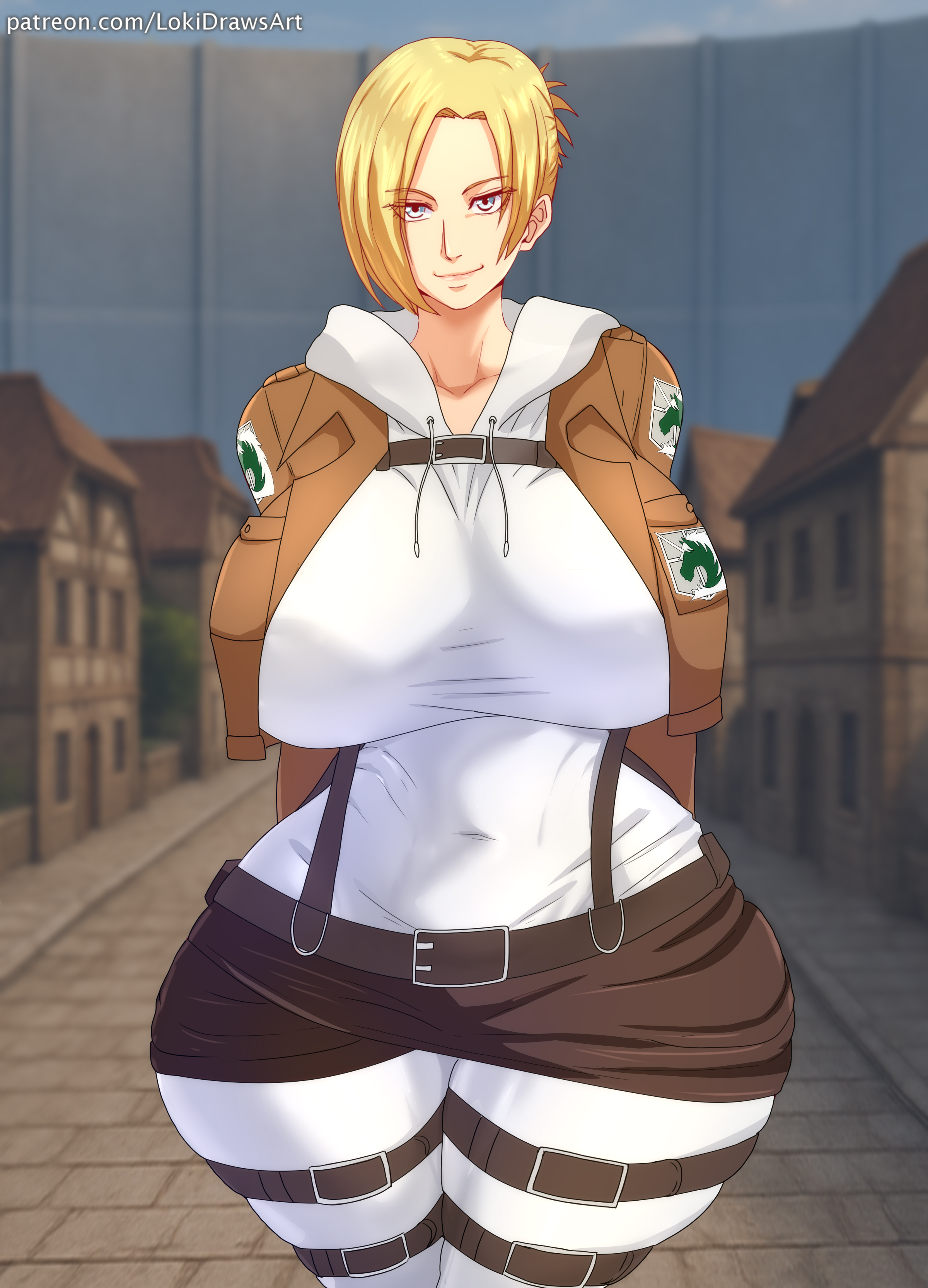 2d, 2d (artwork), anime, annie leonhardt, attack on titan, big breasts, blonde female, blonde hair, blonde-haired female, blue eyes, blue-eyed female, breasts, clothed, clothed female, fanart, female, female focus, female only, hips, huge breasts, large boobs, light skin, light-skinned male, lokidrawsart, looking at viewer, male, manga, shingeki no kyojin, solo, solo female, solo focus, thick thighs, thighs, voluptuous, voluptuous female, wide hips