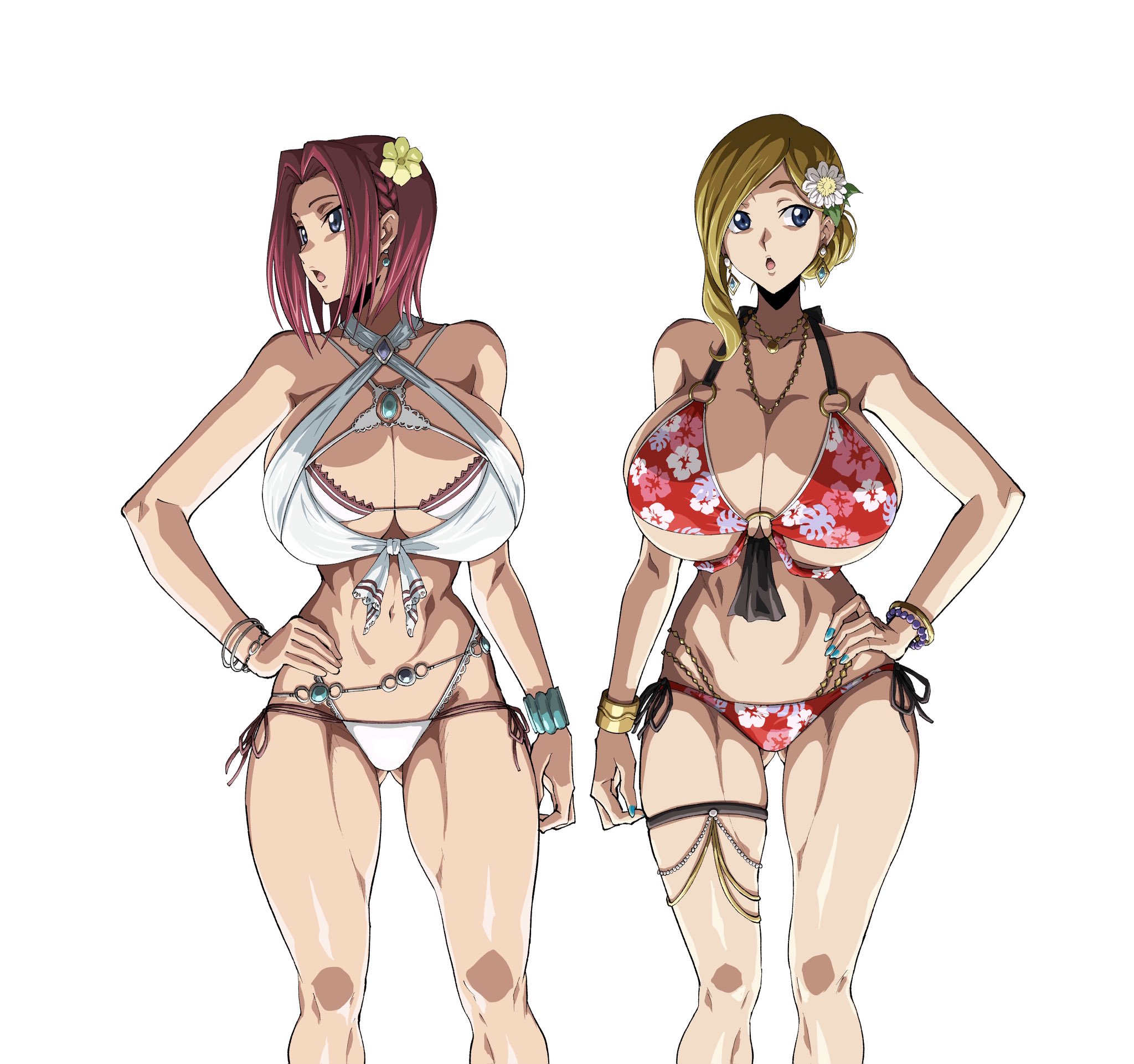 2girls, ass, big ass, big breasts, big butt, big thighs, bikini, blonde female, blonde hair, blonde hair female, breasts, breasts bigger than head, bubble ass, bubble butt, code geass, dumptruck ass, dumptruck butt, female, female focus, female only, green eyes, huge ass, huge boobs, huge breasts, huge butt, huge thighs, iwao178, kallen stadtfeld, large ass, large breasts, large butt, long hair, looking back, massive ass, massive butt, milly ashford, poolside, red hair, swimming pool, swimsuit