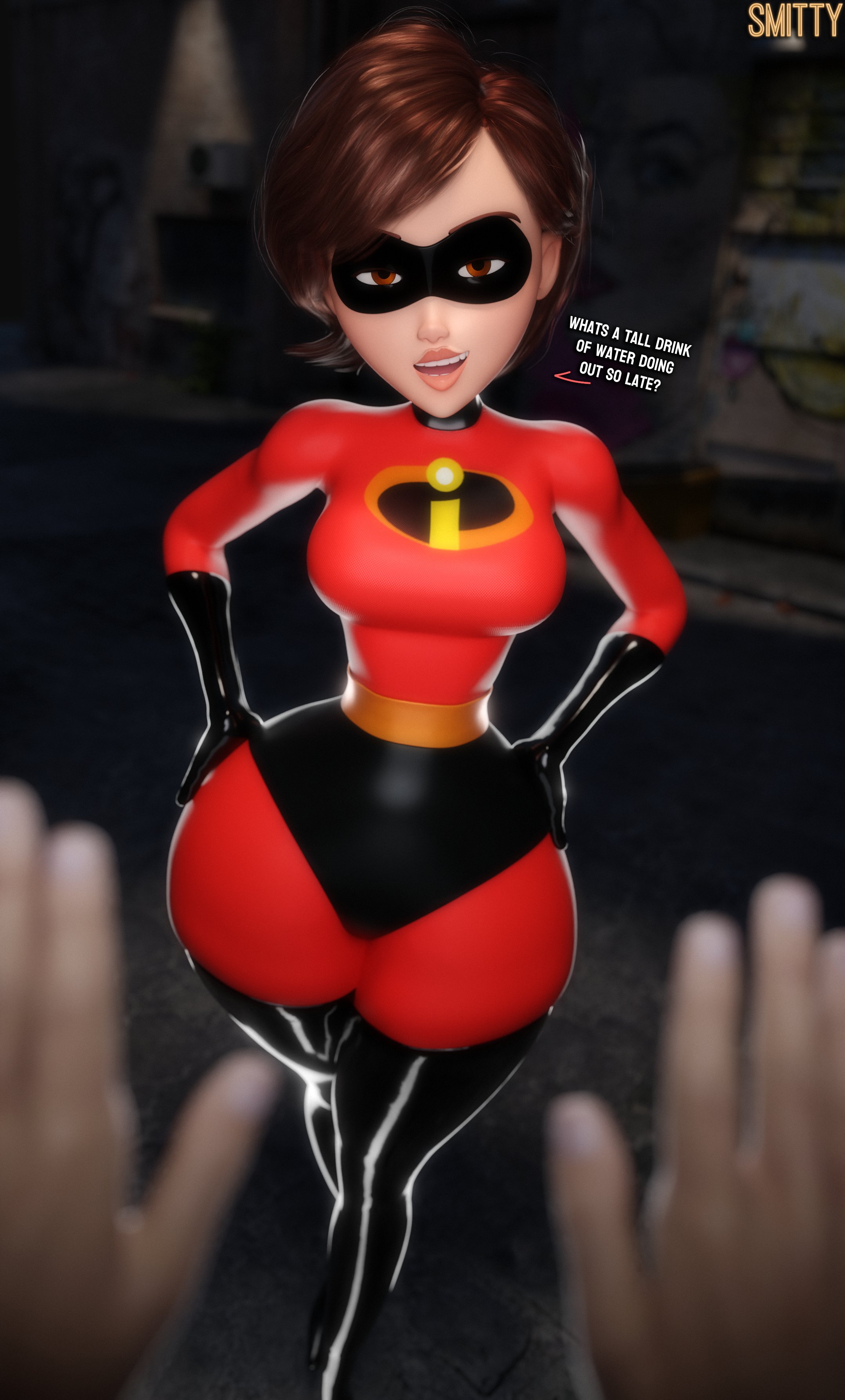 1boy, 1girls, brown hair, brown-haired female, brunette female, clothed, clothed female, disney, elastigirl, female, female focus, flirting, flirting with viewer, helen parr, hips, hips wider than shoulders, imminent sex, light skin, light-skinned male, looking at viewer, male, male pov, mature, mature female, mature woman, milf, mother, pixar, smitty34, superheroine, talking to viewer, the incredibles, the incredibles 2, thick thighs, thighs, wide hips
