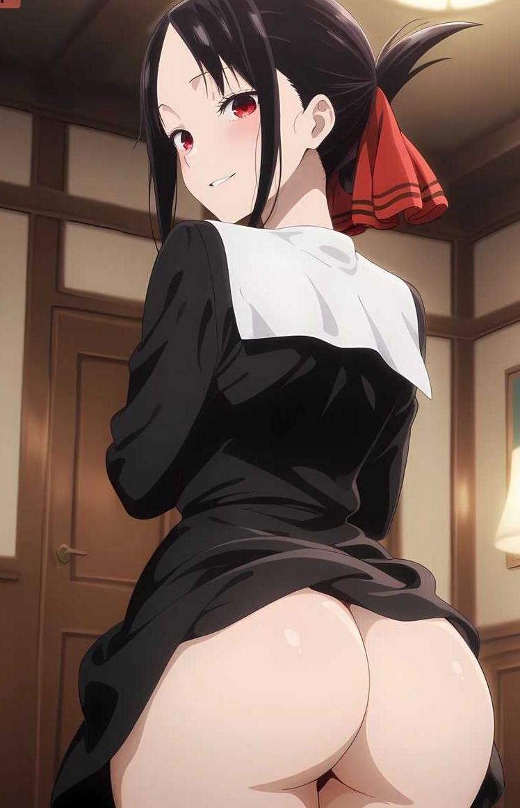 1girls, ai generated, ass, ass focus, female, female only, kaguya-sama wa kokurasetai ~tensai-tachi no renai zunousen~, looking back, no panties, school uniform, shinomiya kaguya, smile, solo