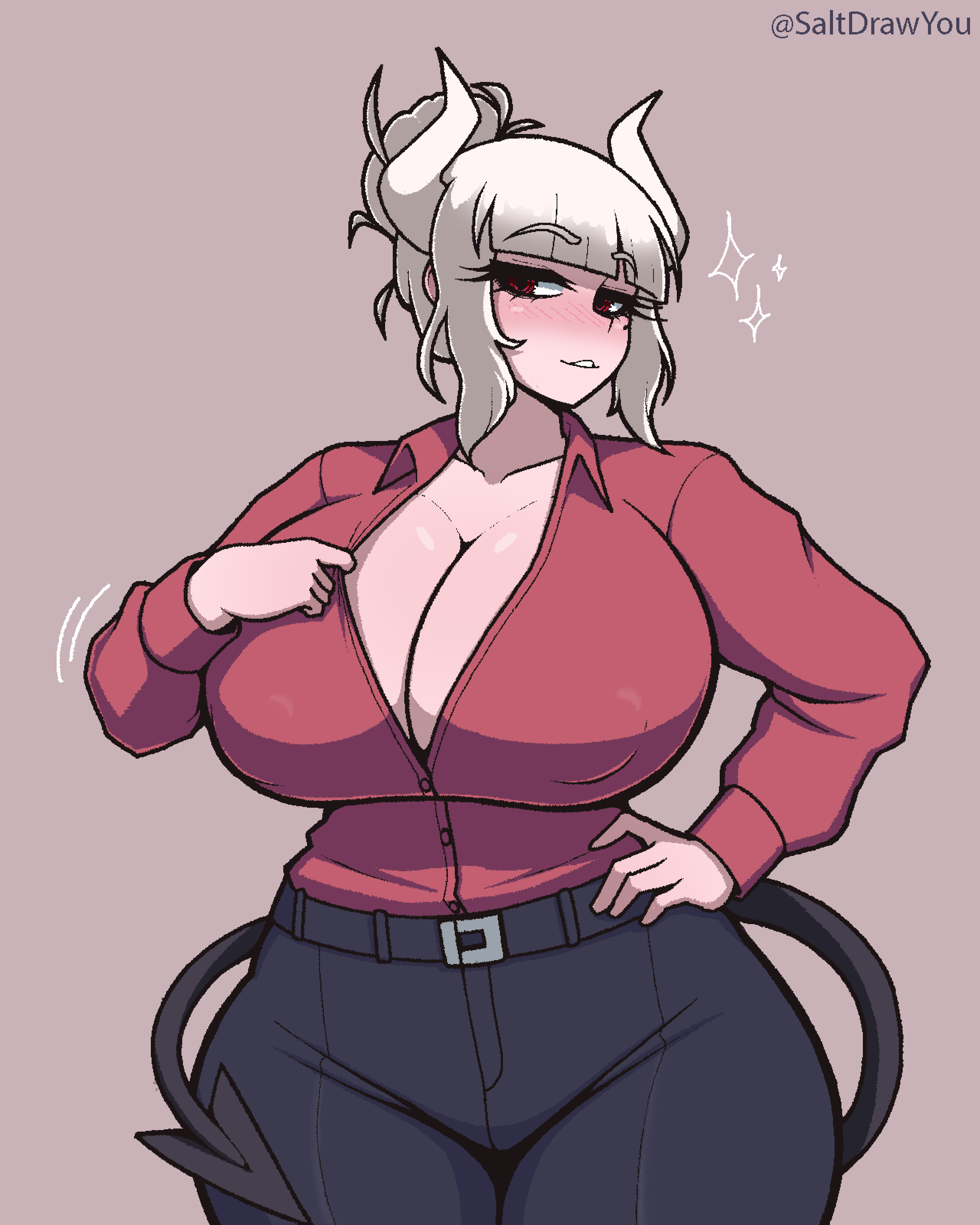 1girls, bangs, big breasts, blush, breasts, breasts bigger than head, busty, cleavage, clothed, clothing, demon, demon girl, demon horns, demon tail, female, female focus, female only, hand on hip, helltaker, horns, hourglass figure, huge breasts, large breasts, light skin, light-skinned female, lucifer (helltaker), mole, mole under eye, nipple bulge, red eyes, saltdrawyou, solo, solo female, solo focus, tail, teasing, thick thighs, thighs, voluptuous, voluptuous female, white hair, wide hips