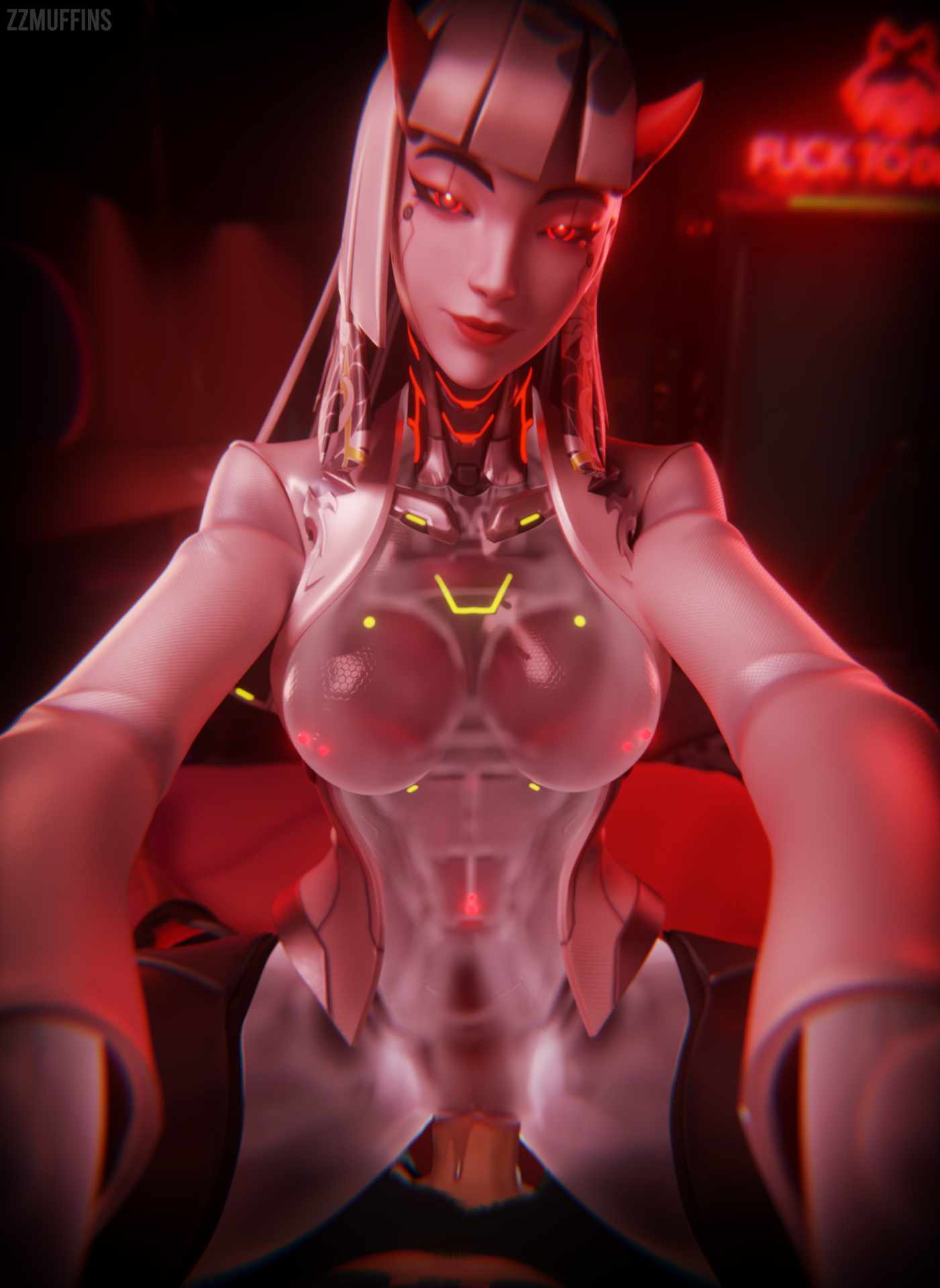 1female, 1futa, 3d, 3d model, abs, breasts, cowgirl, digital media, futa on female, half naked, holding viewer, horns, looking at viewer, neon lights, nipple piercing, overwatch, piercings, pov, pussy, red eyes, red light, robot, shion (overwatch), silicone, tagme, translucent body, vaginal penetration, zzmuffins